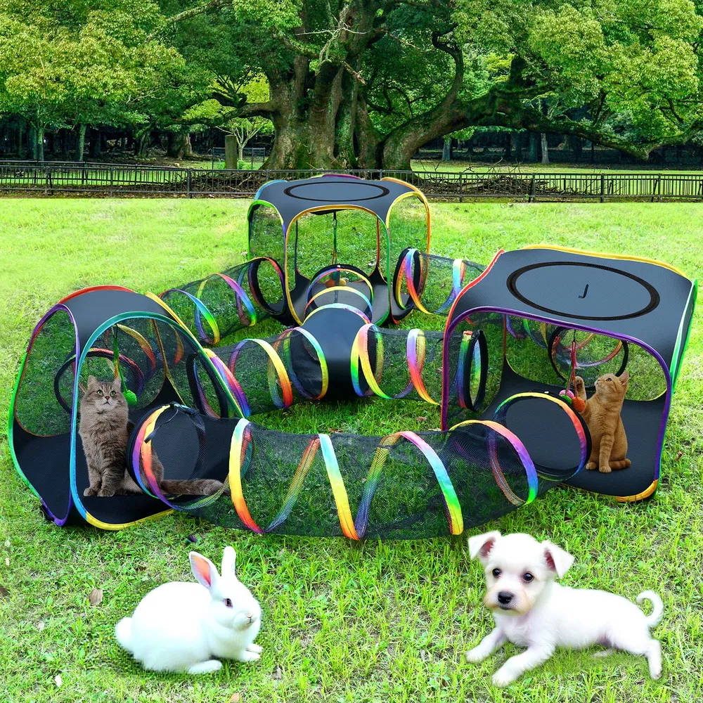 Portable Cat Enclosure - 7-in-1 Outdoor Catio with Tent & Tunnel, Foldable Playpen for Indoor Cats, Includes Storage Bag for Cats & Small Animals Rainbow Color photo 2