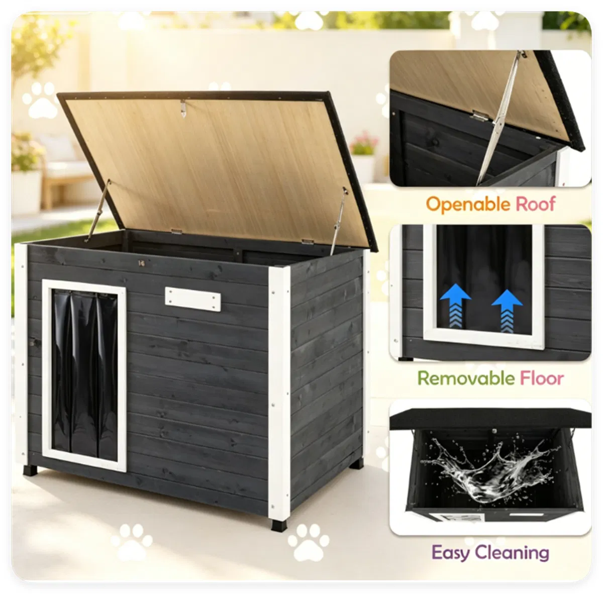 42.5" x 27" x 33.5" Outdoor Dog House with Sloped Asphalt Roof, Elevated Floor & Openable Roof Weatherproof Pet Kennel with PVC Door Curtain for Medium Large Dogs Gray photo 3