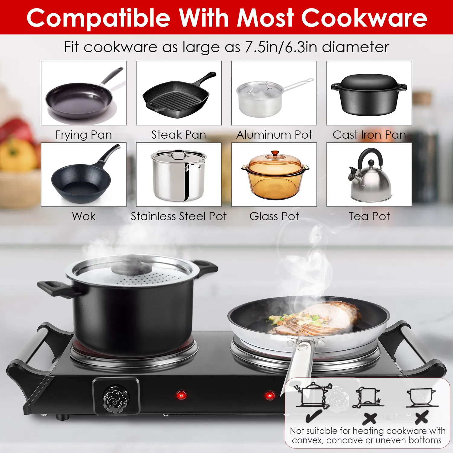 Dual Hot Plate Electric Cooktop - 800W+1000W Power, 6.3in+7.5in Silicon Crystal Glass Plates, 5 Stepless Heating Gears, Thermostat Control & Easy Cleaning, Portable for Dorms/RVs/Camping photo 8