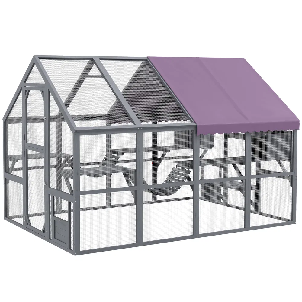 Outdoor Cat Enclosure Wooden Feral Cat House w/ Weatherproof Canopy, Bridges, Resting Boxes, Platforms, for 3-6 Cats photo 2