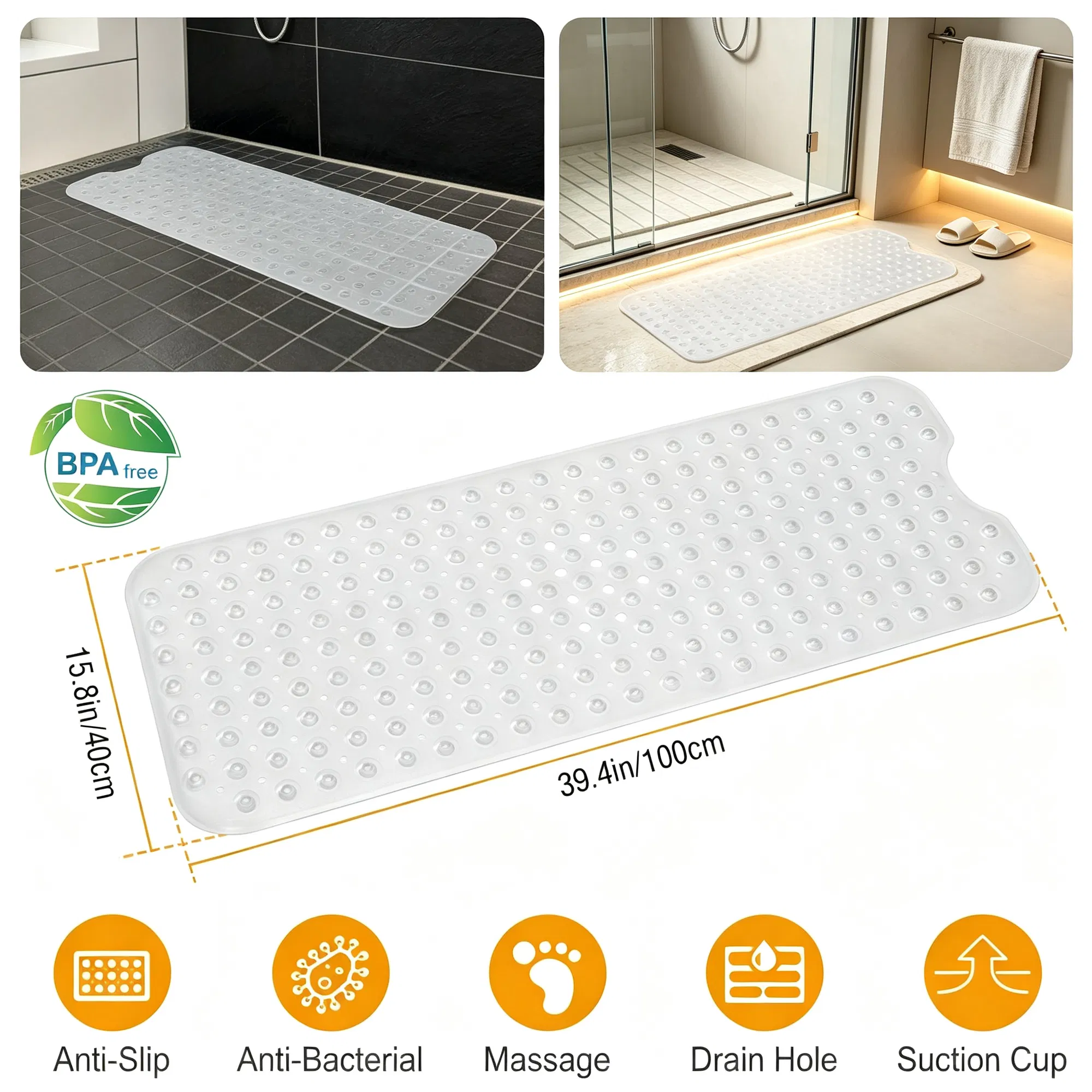 Bathroom Tub Shower Mat,  PVC Non-Slip Bathmat with Suction Cups and Drain Holes, Raised Pebble Surface, Machine-Washable for Home Wet-Place Use photo 1
