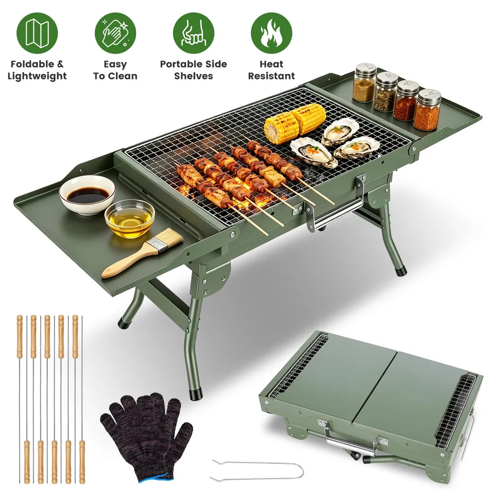 Foldable Charcoal Grill Portable BBQ Grill with Storage Shelf, Carry Handle, Air Vent Design, Chrome-Plated Grill Grate, 10 Skewers, Outdoor Barbecue Grill for Camping Picnic Backyard Travel photo 3
