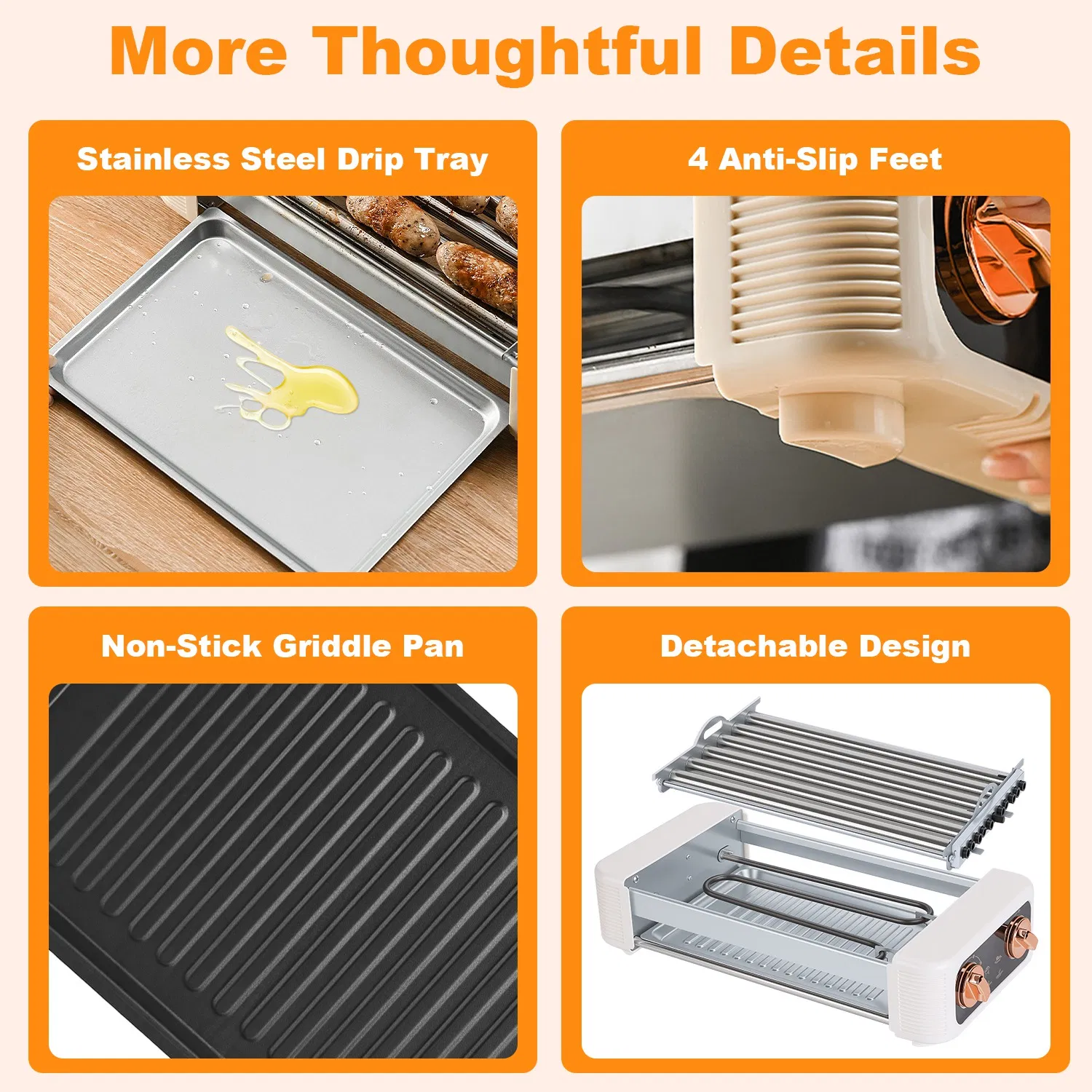Multifunctional Electric Hot Dog Roller Machine, 3-in-1 Sausage Grill with Non-Stick Griddle, Smokeless BBQ Grill for Home, Dorm, RV, Party, Overheat Protection photo 6