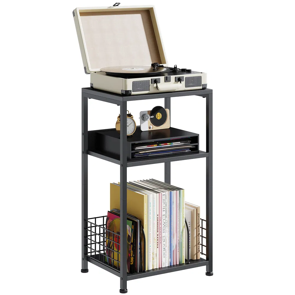 3-Tier Turntable Stand with Vinyl Storage for 100 Albums, Combined CD & DVD Racks, End Side Table for Living Room photo 3