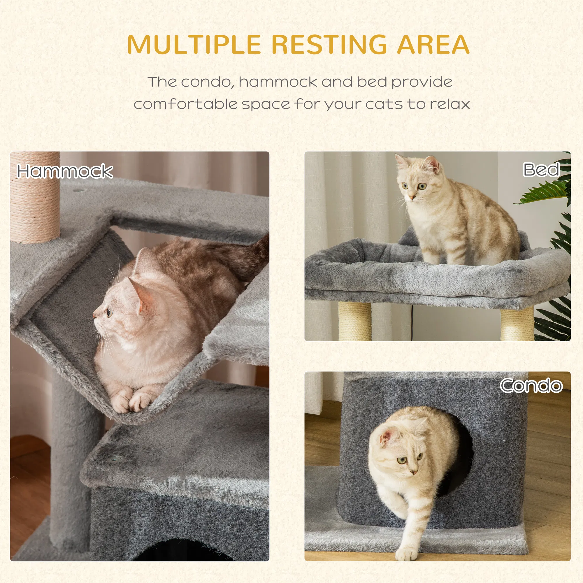39.25'' Cat Tree Tower Multi-Level Kitten House with Scratching Post Condo Hammock Bed Ball Toy - Gray photo 5