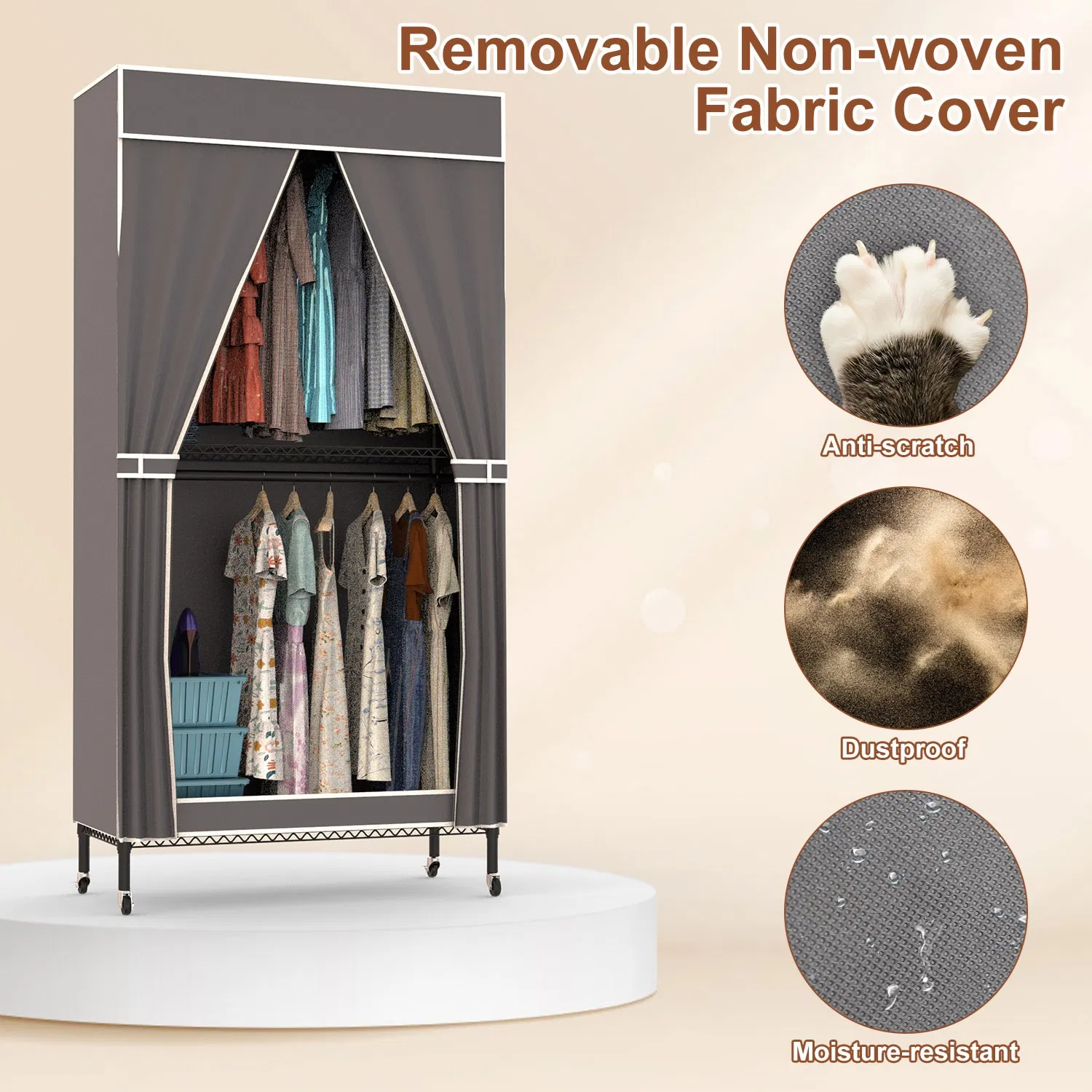 2 Tier Clothing Rack With Cover Portable Wardrobe Closet Covered Garment Rack with 4 Wheels 2 Hanging Rods 2 Hook Racks 35.43x17.13x72.44in photo 1