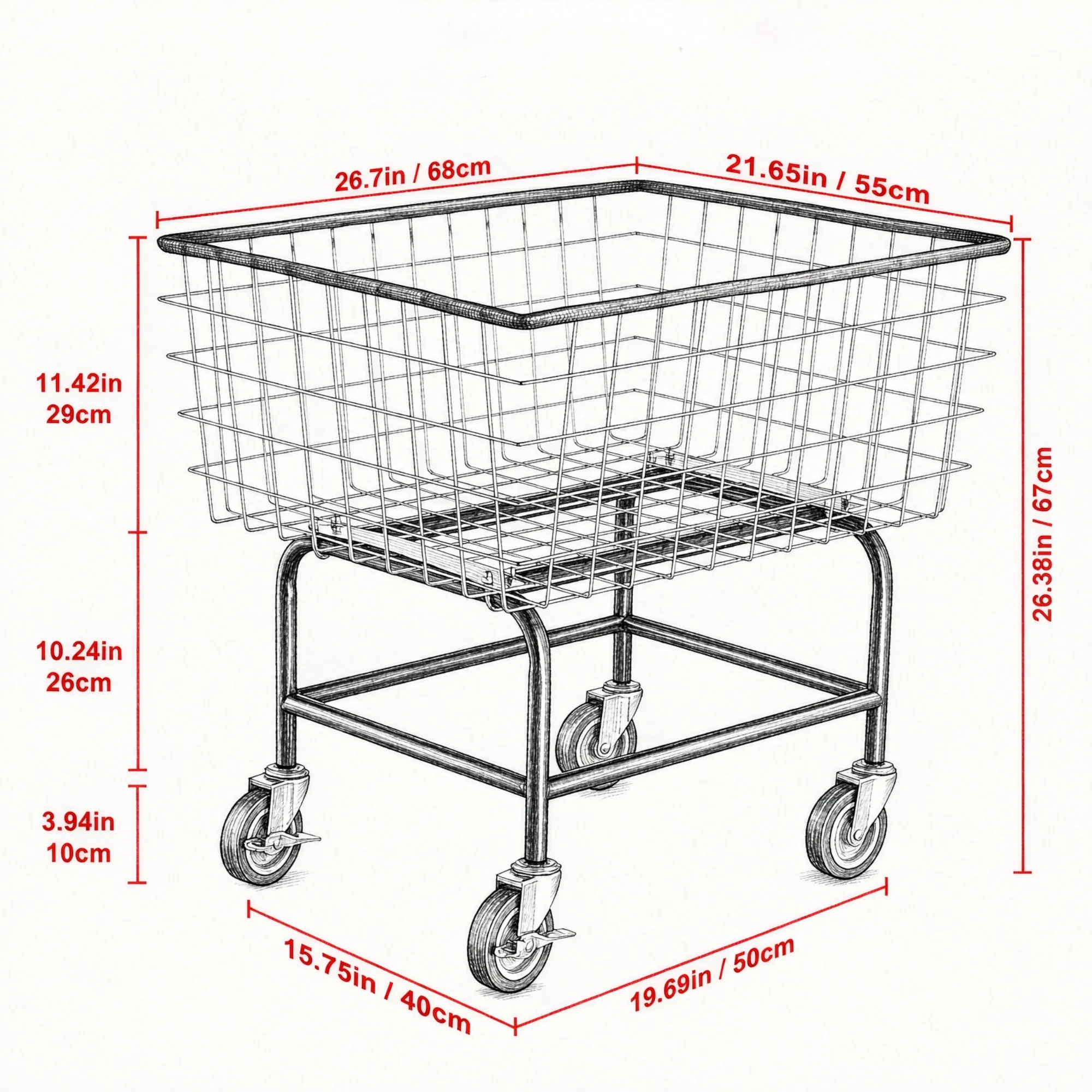 Wire Laundry Cart, 2.8 Bushel Wire Laundry Basket with Wheels, 26.7" x 21.7" x 26.4" Commercial Grade photo 2