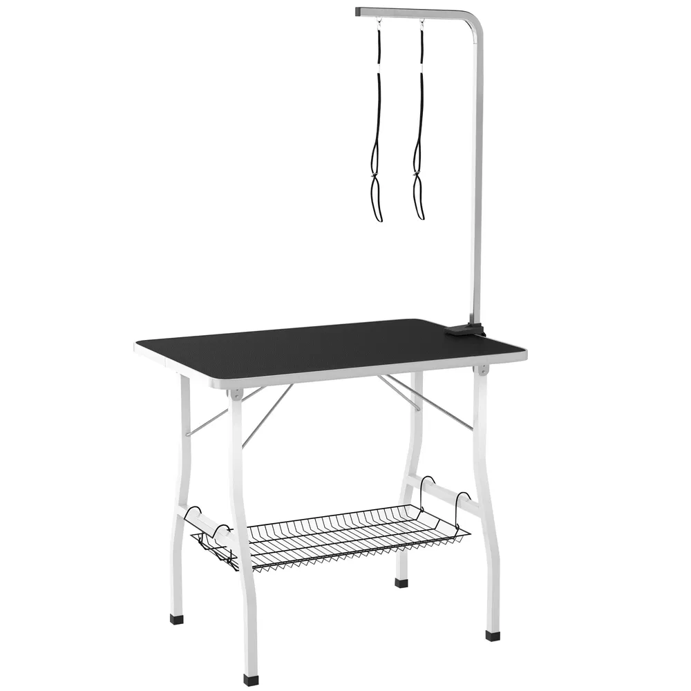 Dog Grooming Table w/ Adjustable Arm, Mesh Tray, Two Nooses, Rubber Surface, 35" x 24" x 61", Black photo 2
