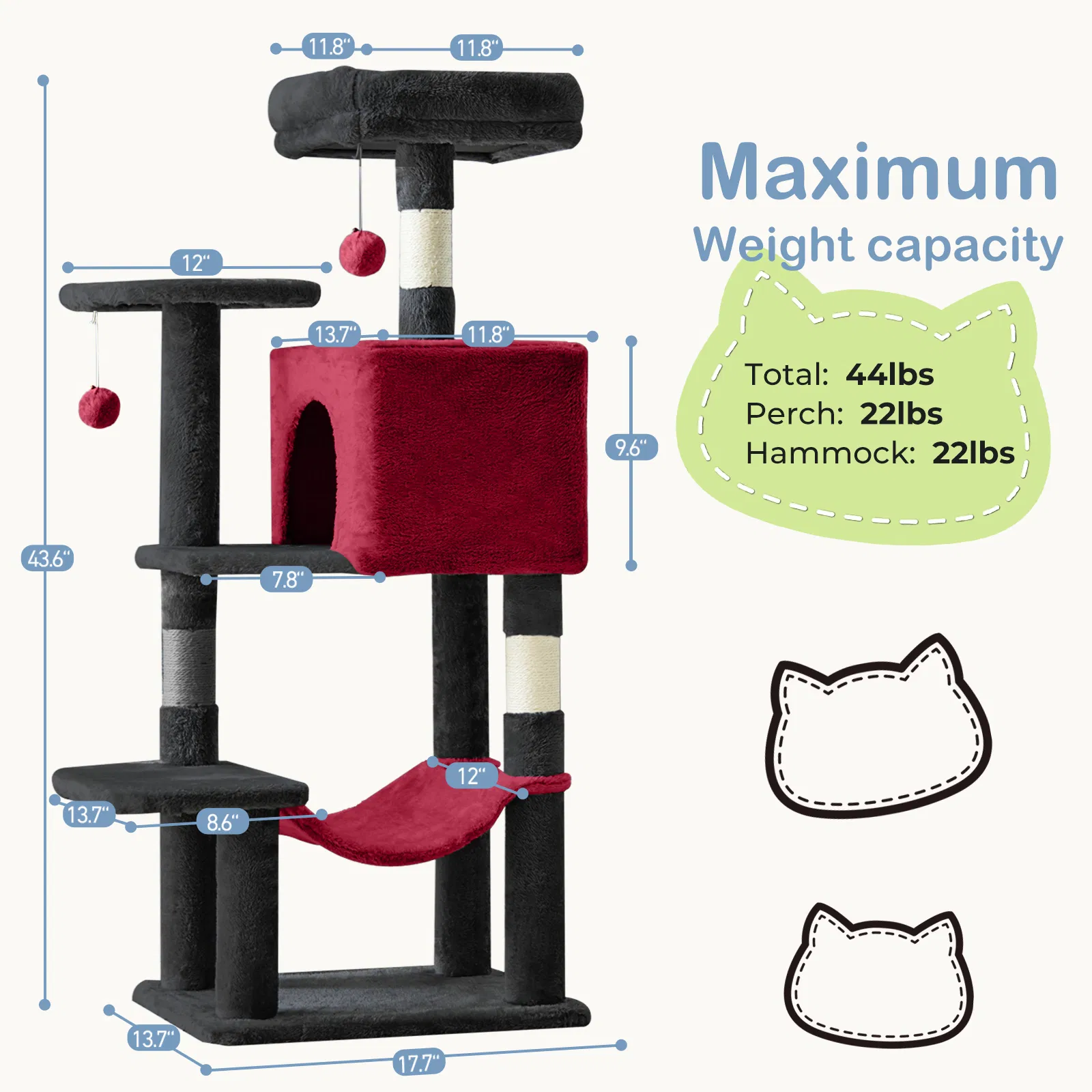 44 inch Cat Tree Tower, Multi-Cat Climbing Tower with, Natural Sisal Scratching Posts, Extended Platform, Hammock photo 4