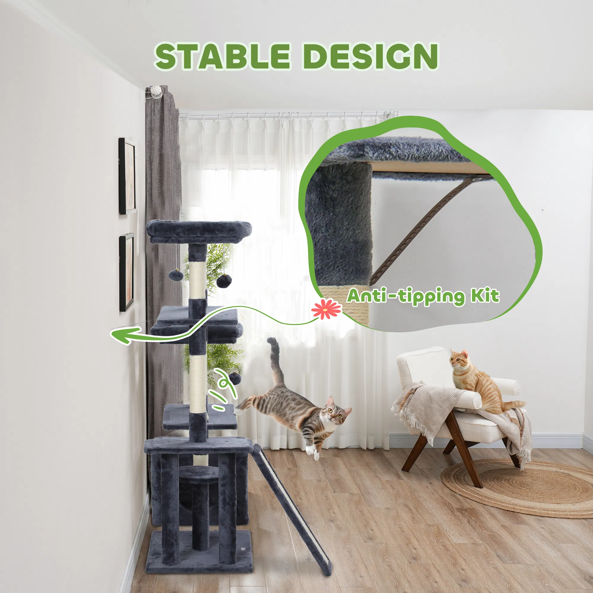 53" Cat Tree, Cat Tower with Scratching Posts, Cat Condo, Beds, Platforms, Toy Balls for Indoor Cats, Dark Grey photo 5
