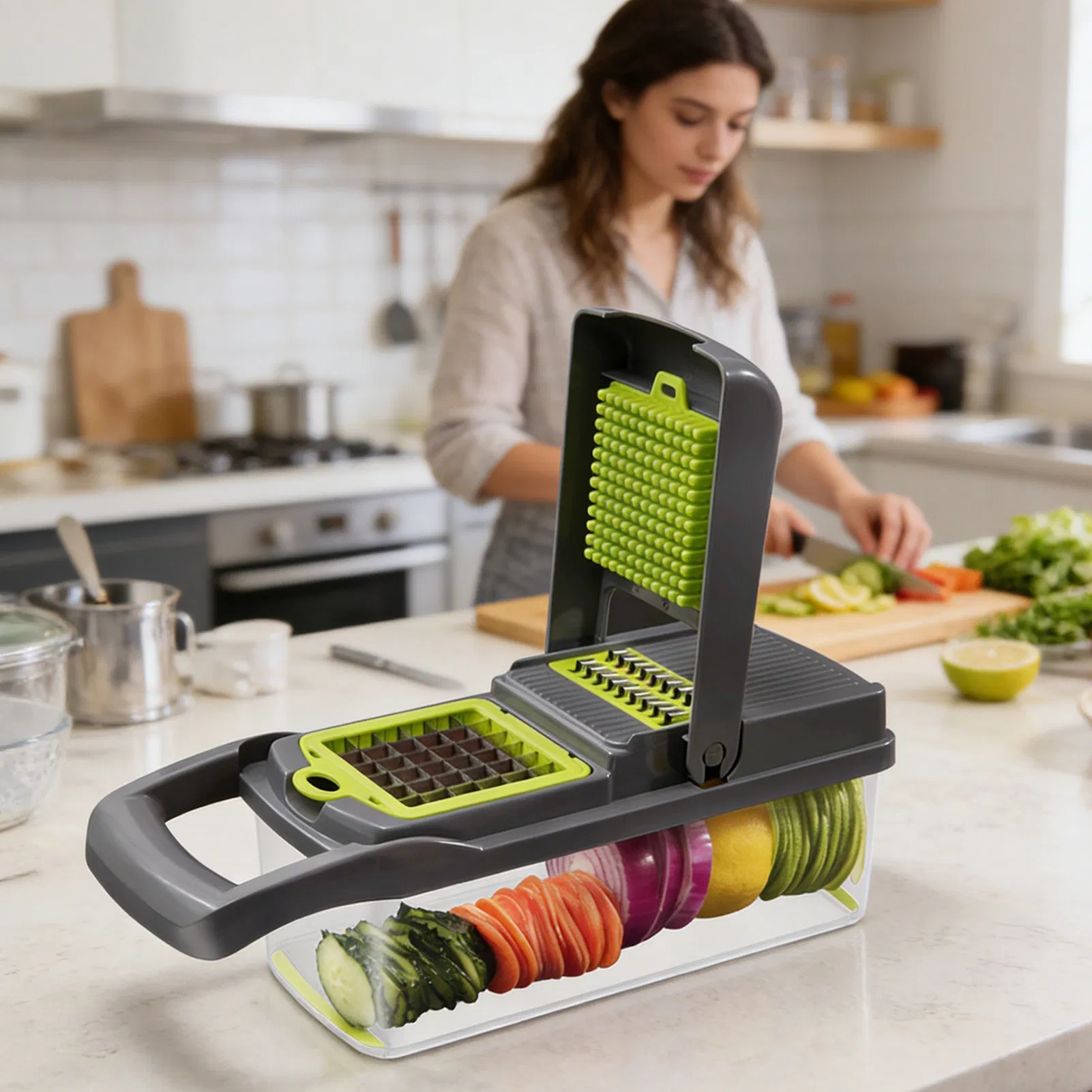 Vegetable Chopper Dicer with Container | Cheese Grater Mandoline Slicer Cabbage Shredder French Fry Cutter Stainless Steel for Veggie Onion Potato Fruit Food, Manual Hand Cooking Gadget for Kitchen photo 4