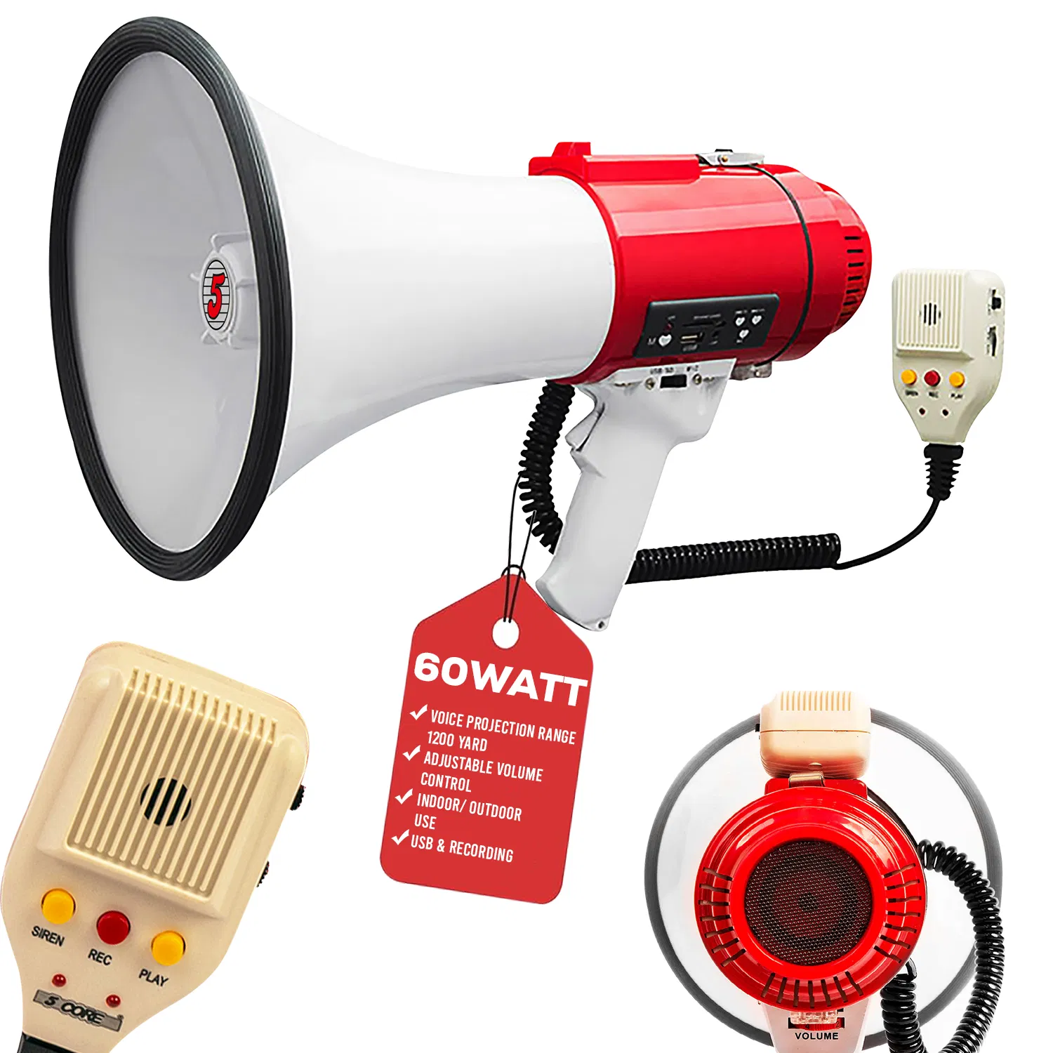 5 Core Megaphone 60W Bull Horn Professional PA Speaker w 1200 Yards Range Loud Siren Voice Amp photo 1