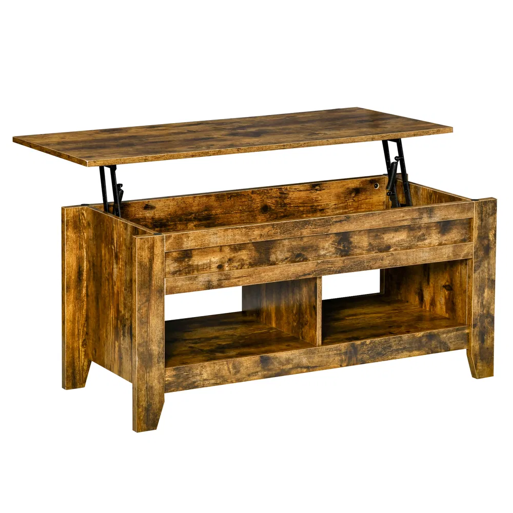 Lift Top Coffee Table with Hidden Storage Compartment and Open Shelves, Lift Tabletop Pop-Up Center Table for Living Room, Brown photo 7