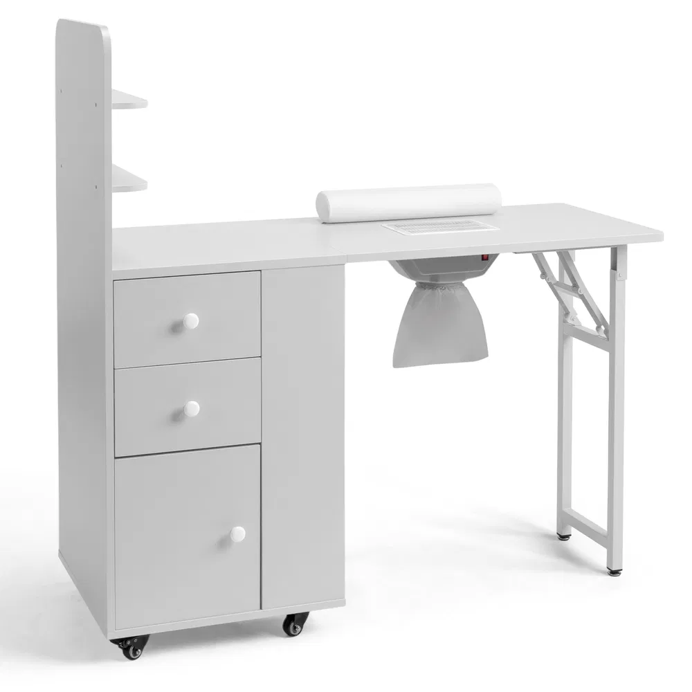 White MDF Folding Nail Desk with 2 Drawers, Cabinet Door & Storage Shelf photo 2