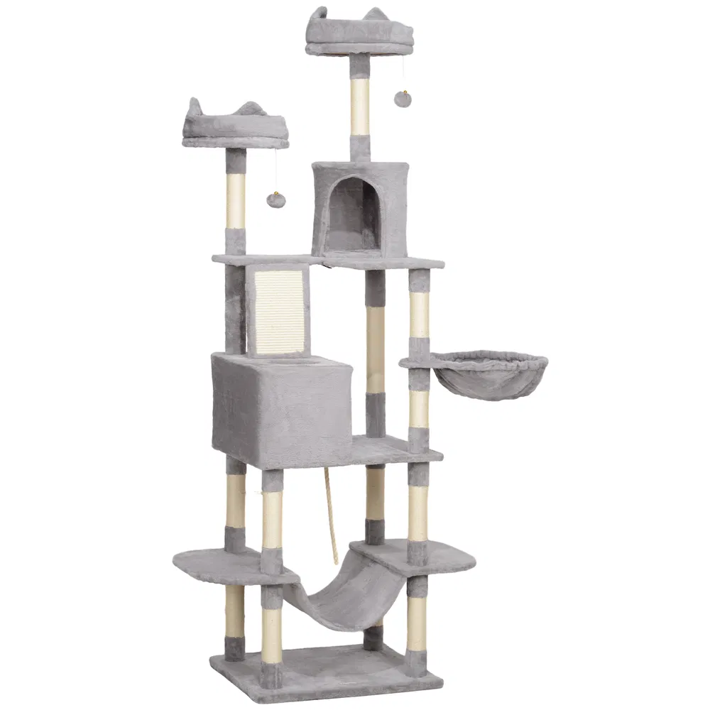 81" Large Cat Tree w/ Scratching Posts, Condos, Beds, Hammocks, Jumping Platforms, Toy Balls, Rope Cat Toy, Light Grey photo 2