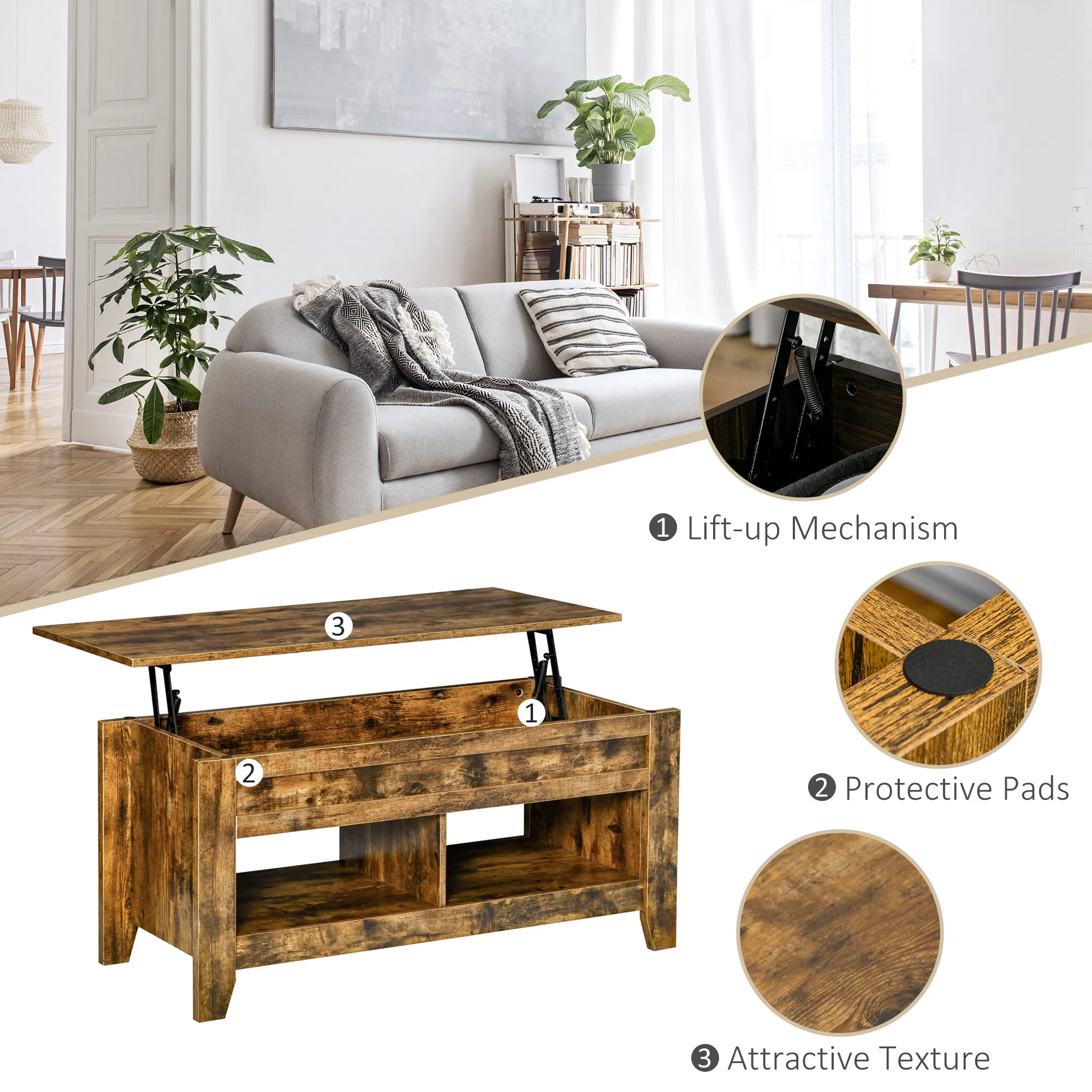 Lift Top Coffee Table with Hidden Storage Compartment and Open Shelves, Lift Tabletop Pop-Up Center Table for Living Room, Brown photo 4