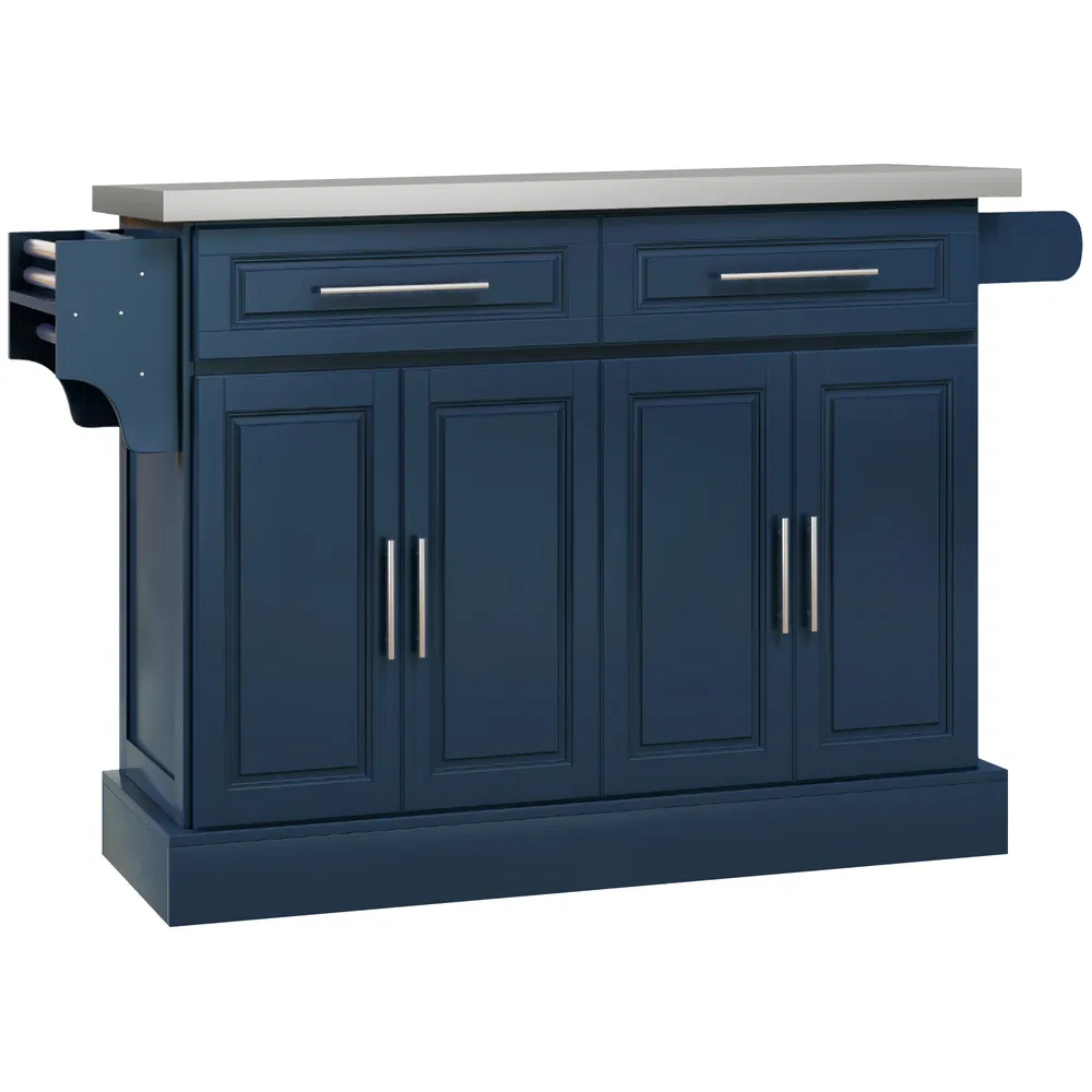 Rolling Kitchen Island with Storage and Stainless Steel Top, Kitchen Trolley with Drawers, Cabinets, Towel Rack, Blue photo 2
