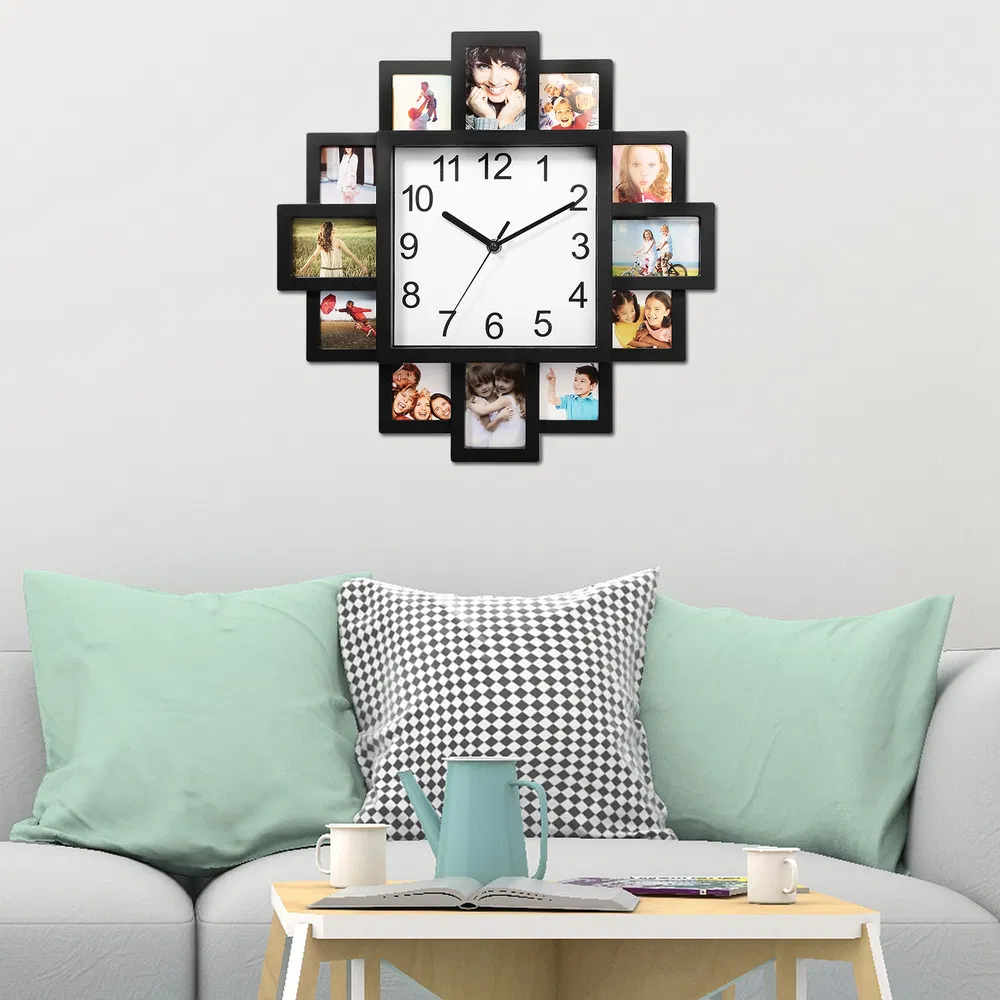 2 In 1 Wall Clock Photo Frame with Quartz Movement, 12 Photo Openings High Transparent Protective Cover ABS Material Back Hook Wall Mount for Living Room Office Conference Room photo 2