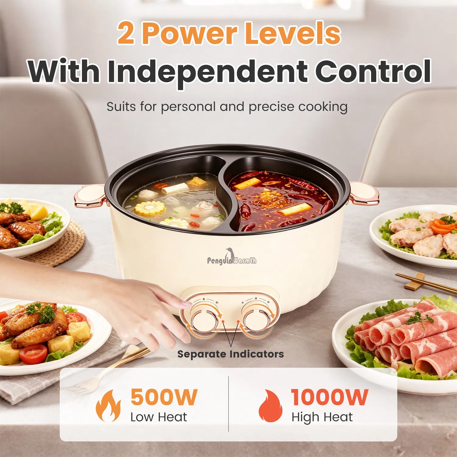 6L/1.59Gal Electric Hot Pot with Divider and Lid 2000W Stainless Steel with 2 Heat Settings Independent Control Overheat Protection Ladle & Slotted Spoon for Hot Pot Soup Noodles photo 1