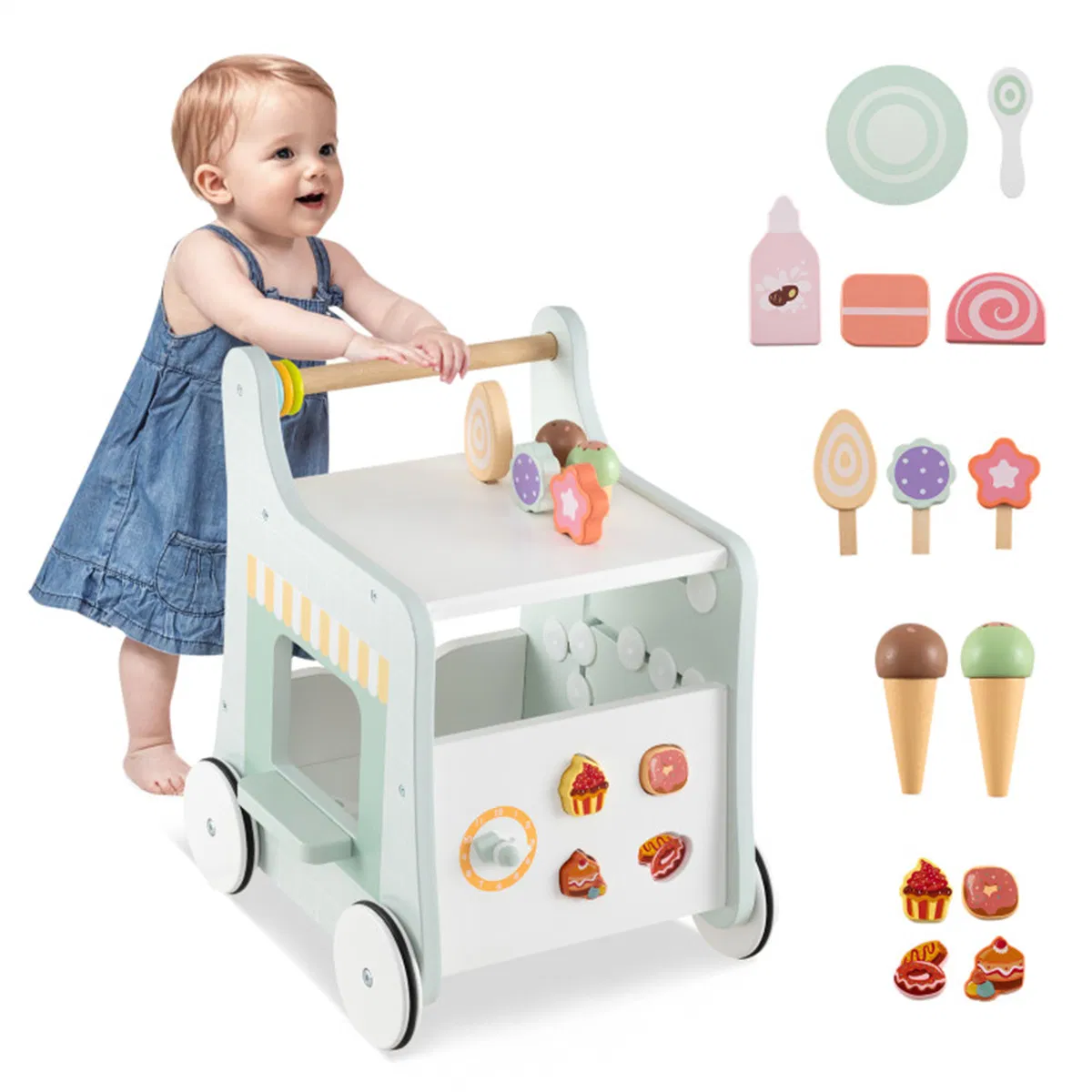 2-in-1 Baby Walker with 8 Fun Activities (Dessert Sorter/Adjustable Clock/Maze) + Side Shop Window (Role Play)-Light Green photo 1