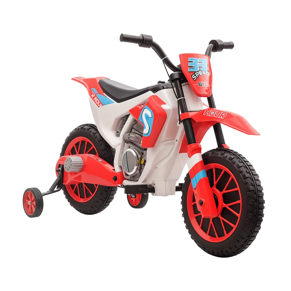 Kids Dirt Bike Battery-Powered Ride-On Electric Motorcycle with Charging 12V Battery, Training Wheels Red photo 2