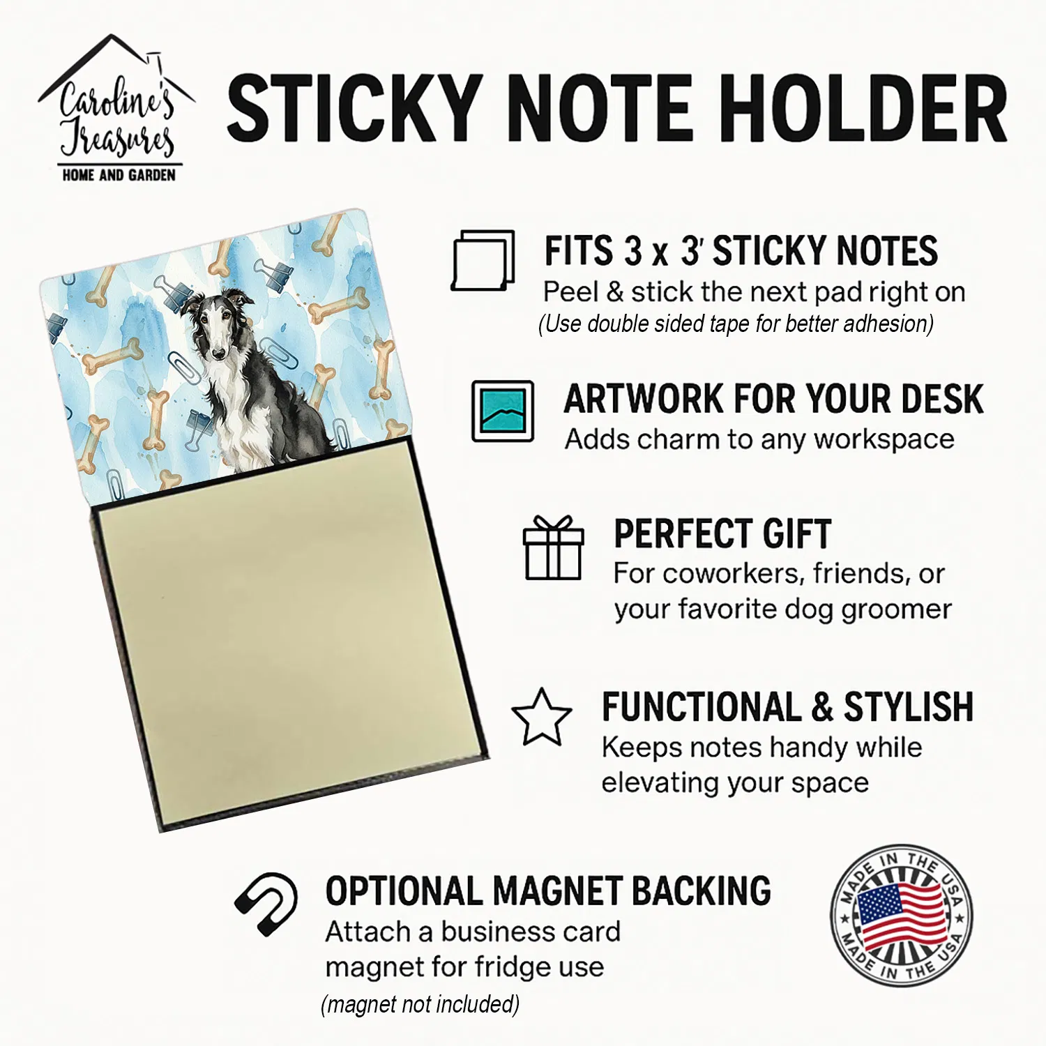 Black and White Borzoi Coworker Watercolor Sticky Note Holder Refillable Dispenser Desk Accessory 3x3 Pad Gift photo 6