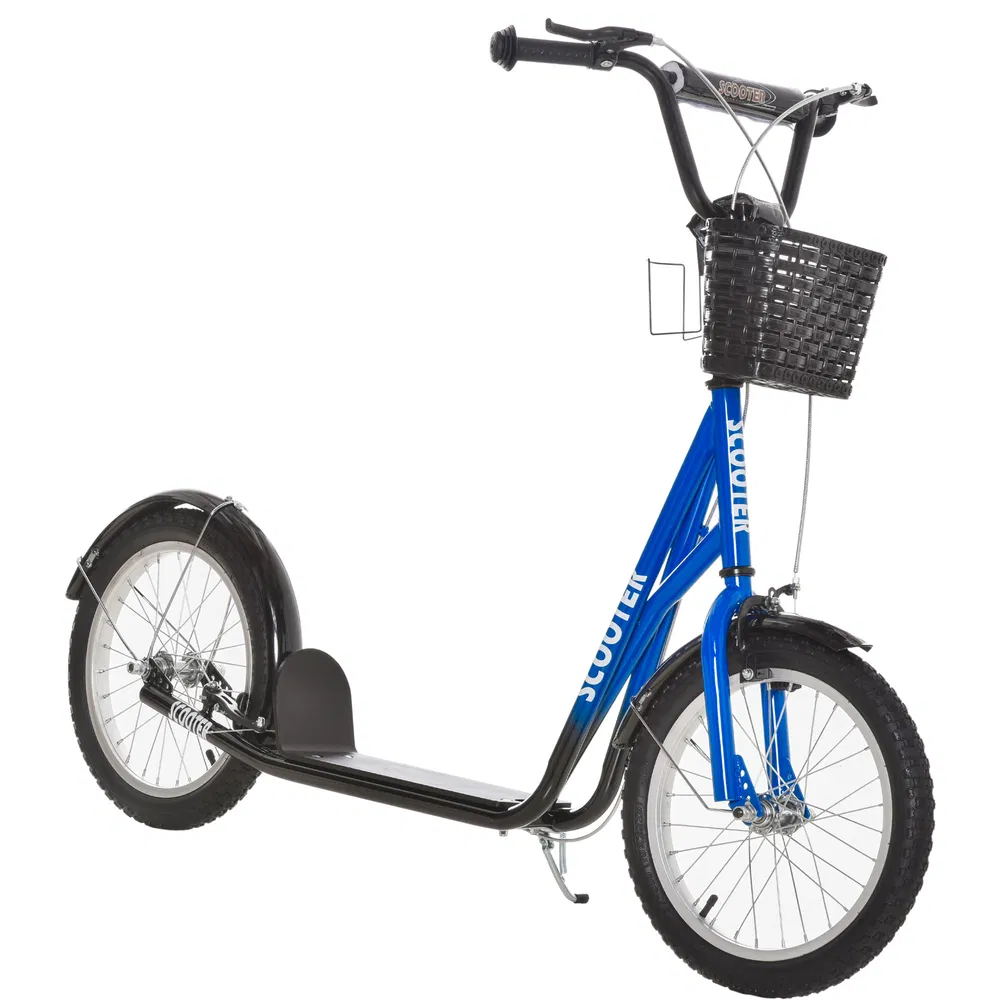 Kick Scooter with Adjustable Handlebar, Kids Scooter with 2 Brakes Basket Cupholder 16" Inflatable Rubber Tyres Blue photo 7