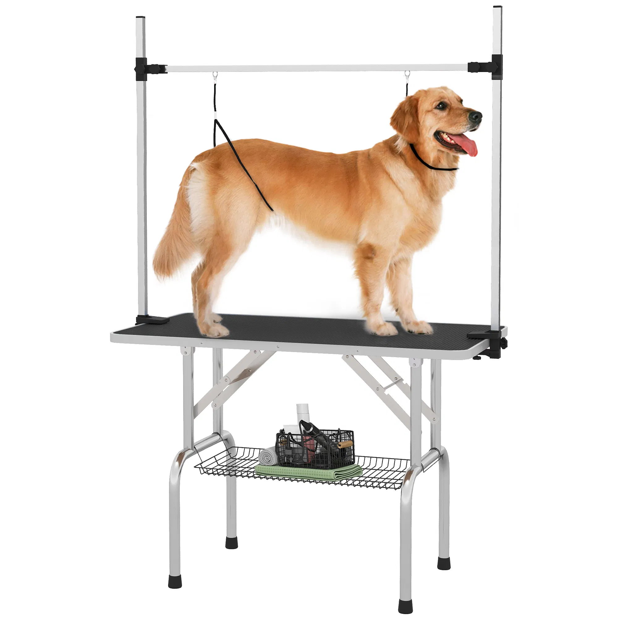 Adjustable Dog Grooming Table with 2 Safety Slings, Storage Basket, Black photo 1