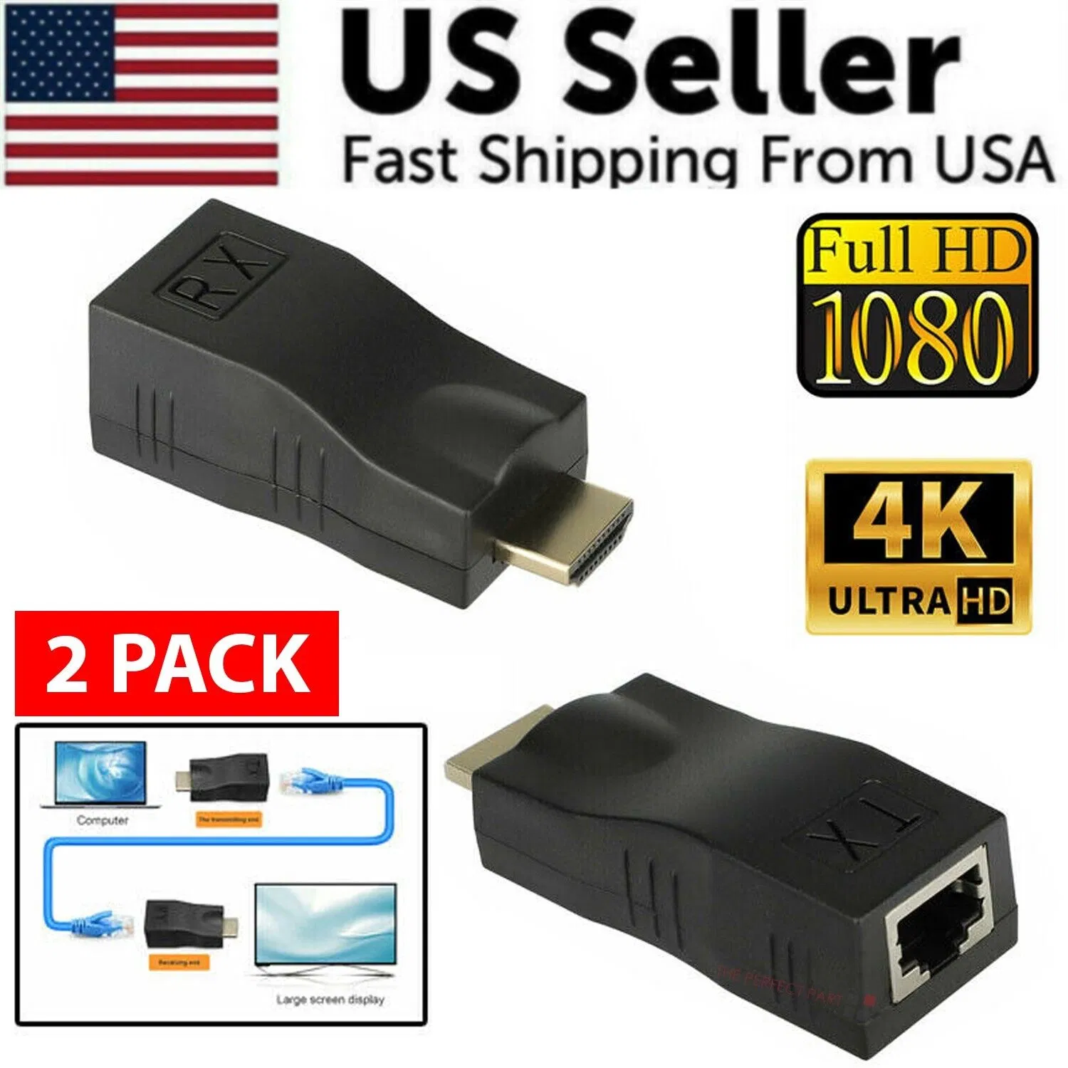 4K 1080P HDMI Extender to RJ45 Over Cat 5e/6 Network LAN Ethernet Adapter 2PCS photo 1