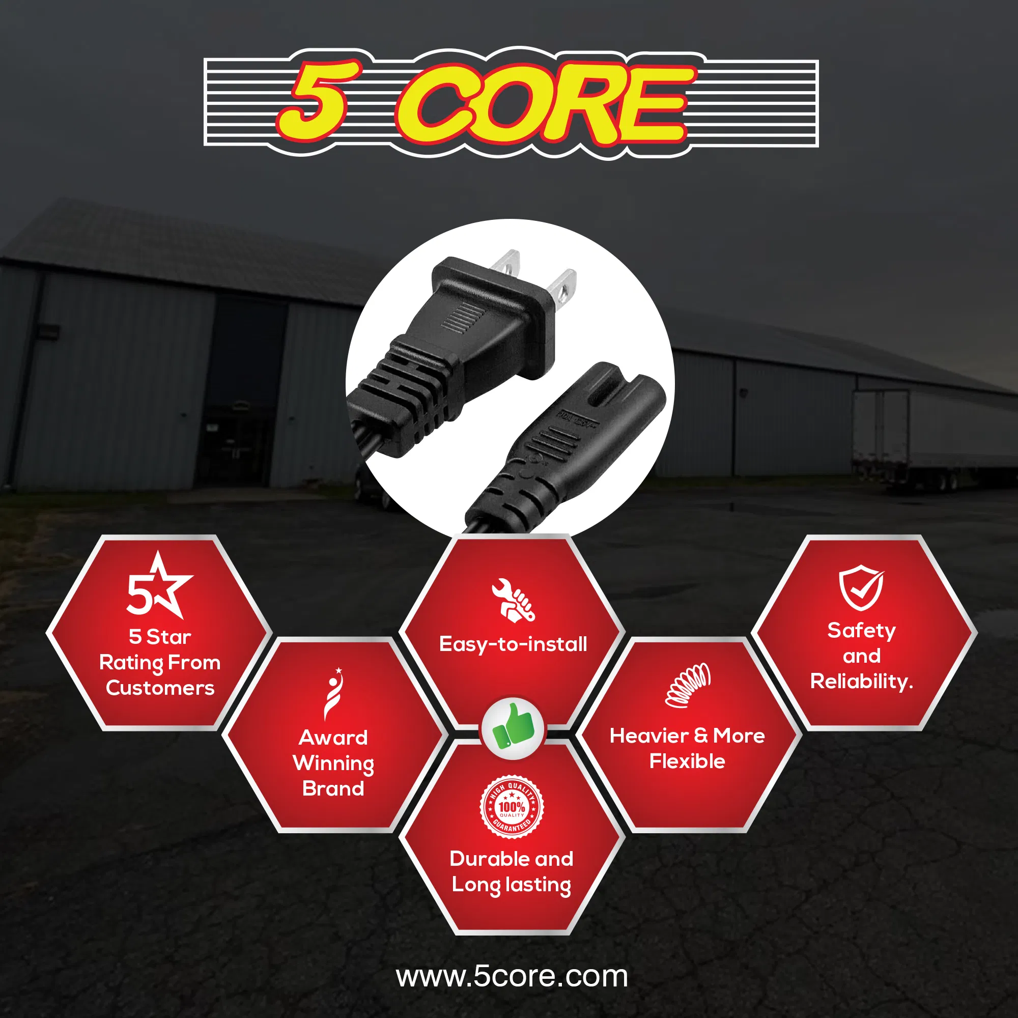 5 Core AC Power Cord 6 Ft ? 2 Prong US Male to Female Extension Adapter ? 16AWG/2C 125V 13A 1/2/5 Pc - PP 1001 photo 3
