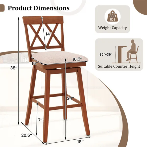 2-Pack 29" Swivel Bar Stools - Solid Rubber Wood Frame, Ergonomic Curved Backrest photo 3