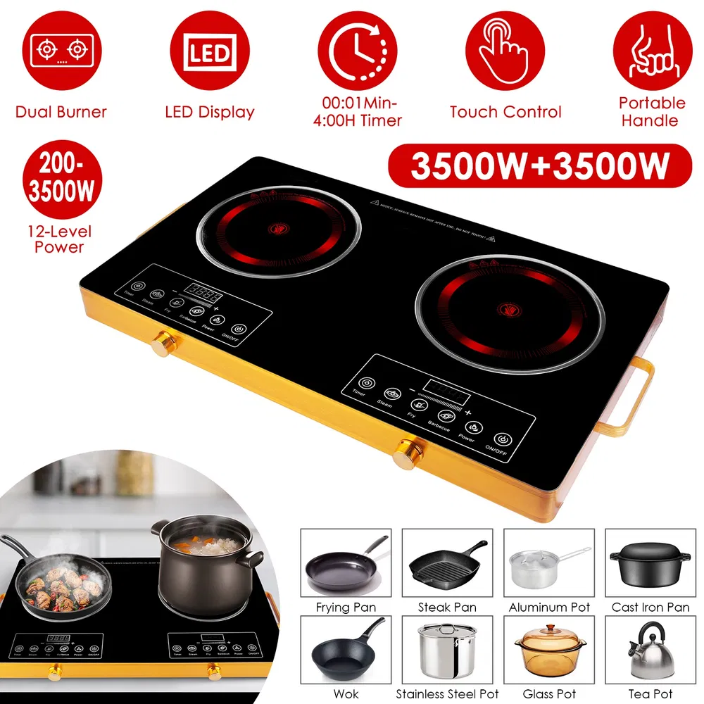 Portable Electric Double Burner 7000W, 110V Countertop Hot Plates with Smooth Heat-Resistant Glass Surface (Easy to Clean), 4 Preset Cooking Modes, 0-4H Timer for Camper/Studio/Office photo 2