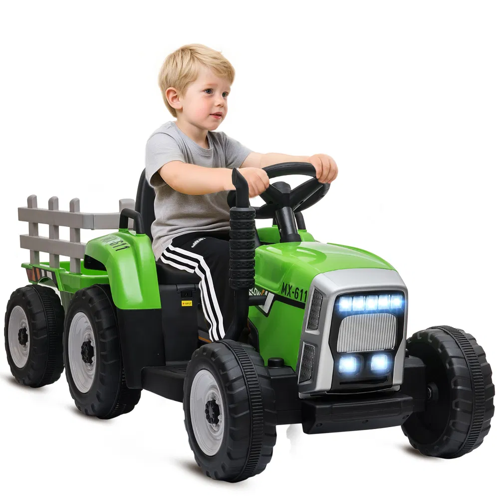 12V Kids Ride on Tractor with Trailer, Battery Powered Electric Tractor with Remote Control, Music Start up Sound and Horn, USB, LED Lights, Green photo 7