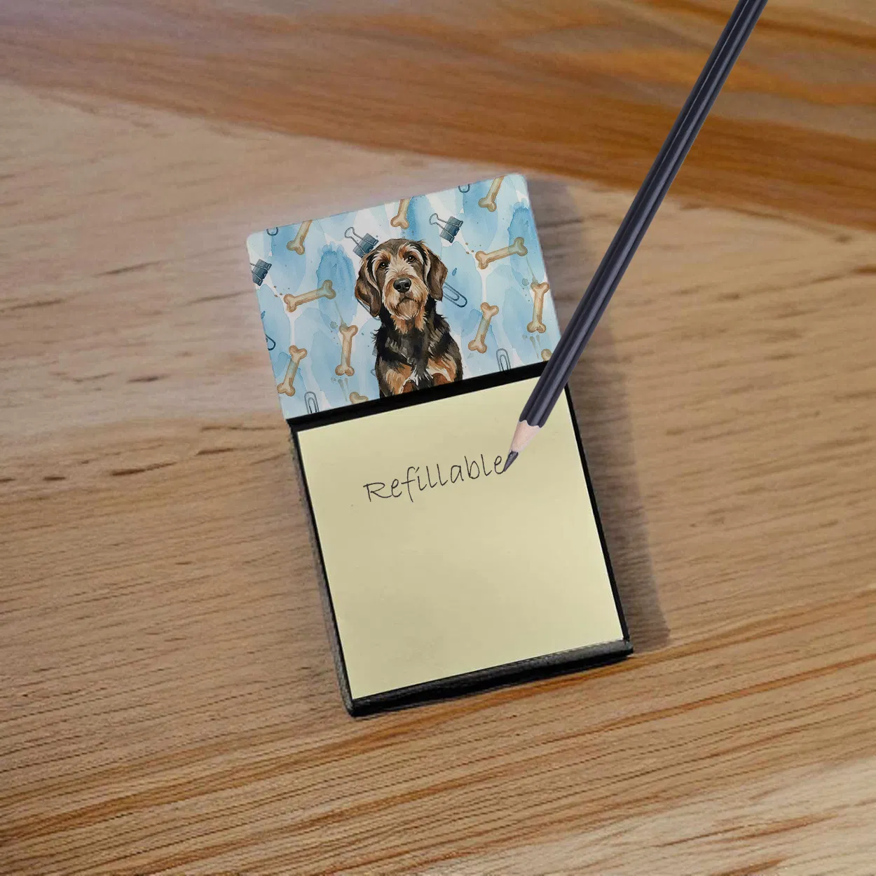 Black and Tan Otterhound Coworker Watercolor Sticky Note Holder Refillable Dispenser Desk Accessory 3x3 Pad Gift photo 2