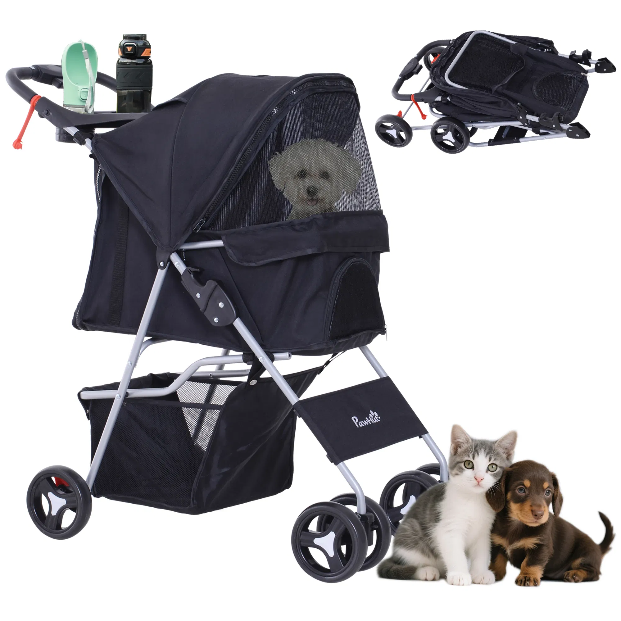 Dog Stroller, One-click Folding Pet Stroller with Cup Holder, 4 Wheels Travel Carrier w/ Brakes, 360° Swiveling Front Wheels, Storage Basket, for XS/Small Dogs Cats, Black photo 1