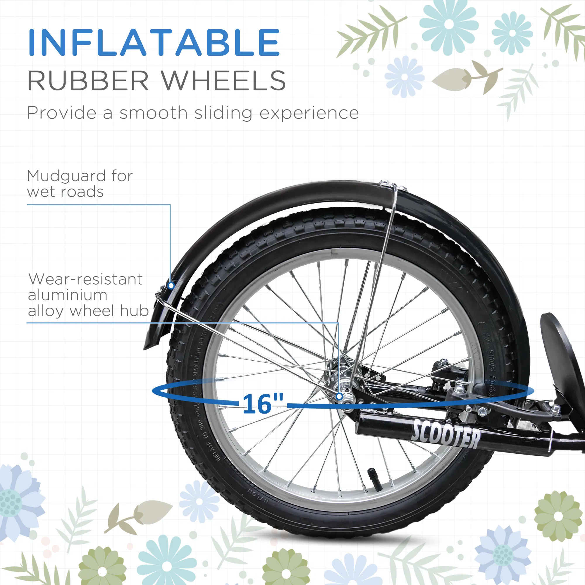 Kick Scooter with Adjustable Handlebar, Kids Scooter with 2 Brakes Basket Cupholder 16" Inflatable Rubber Tyres Blue photo 3