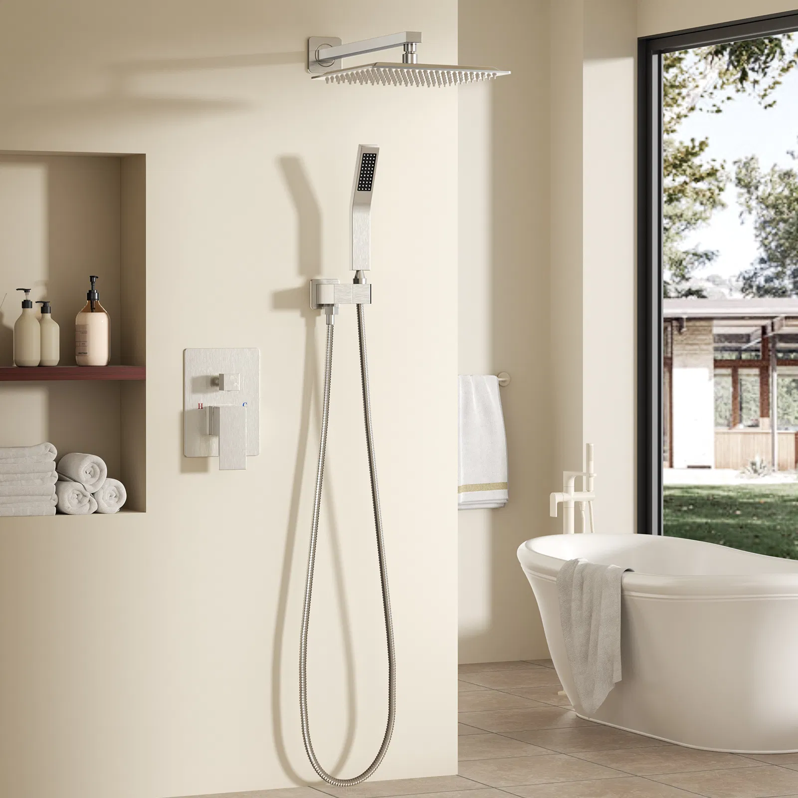 Wall-mounted shower faucet set - 10-12inch square overhead spray + handheld shower head with pressure balance and temperature control valve photo 3