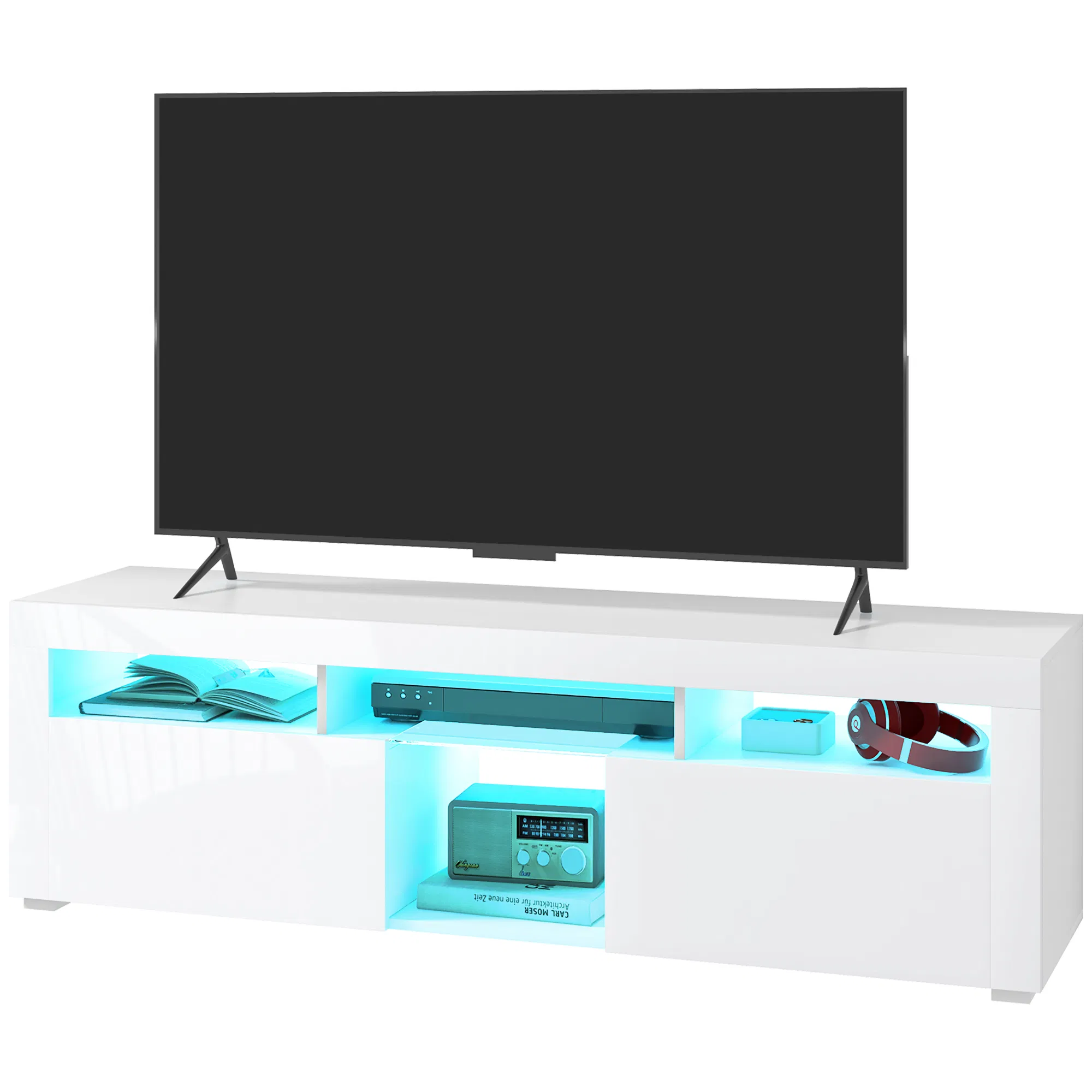 Modern TV Stand with Storage and LED Lights for TVs up to 55", TV Cabinet with Open Compartments, High Gloss White photo 1