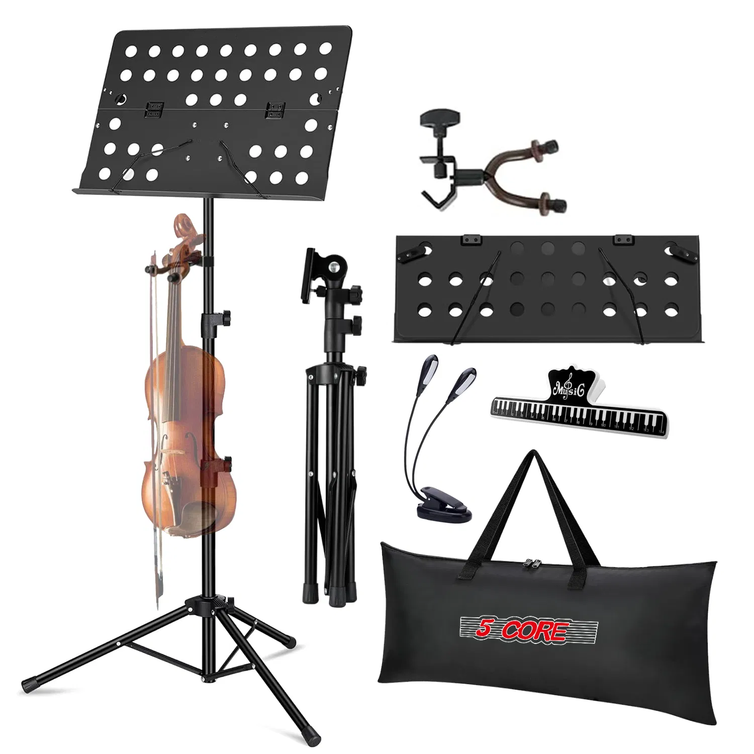 5 Core Music Stand For Sheet Music Height Adjustable Portable Folding Atril Para Partituras w Light Clip for Guitar Players Violinists Cellists Pianists photo 1