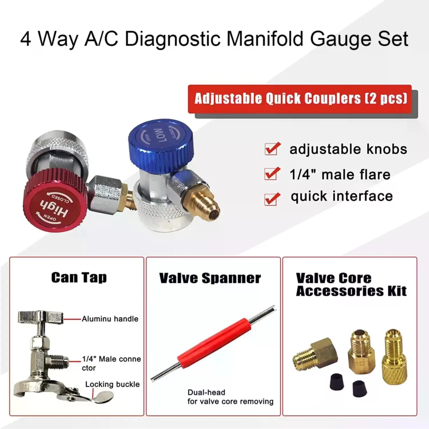 R134/R22/R404A/R407C Dual Manifold Gauge Set – AC Refrigerant Diagnostic Recharge Kit with Hoses, Adjustable Adapters, Can Tap, Valve Core Tool, for Car Air Conditioning photo 6