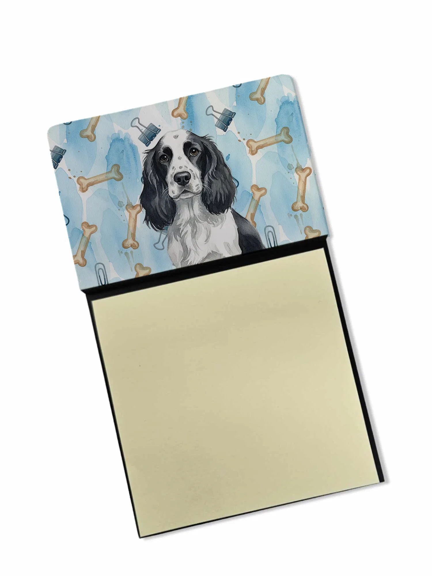 Black and White English Springer Spaniel Coworker Watercolor Sticky Note Holder Refillable Dispenser Desk Accessory 3x3 Pad Gift photo 1