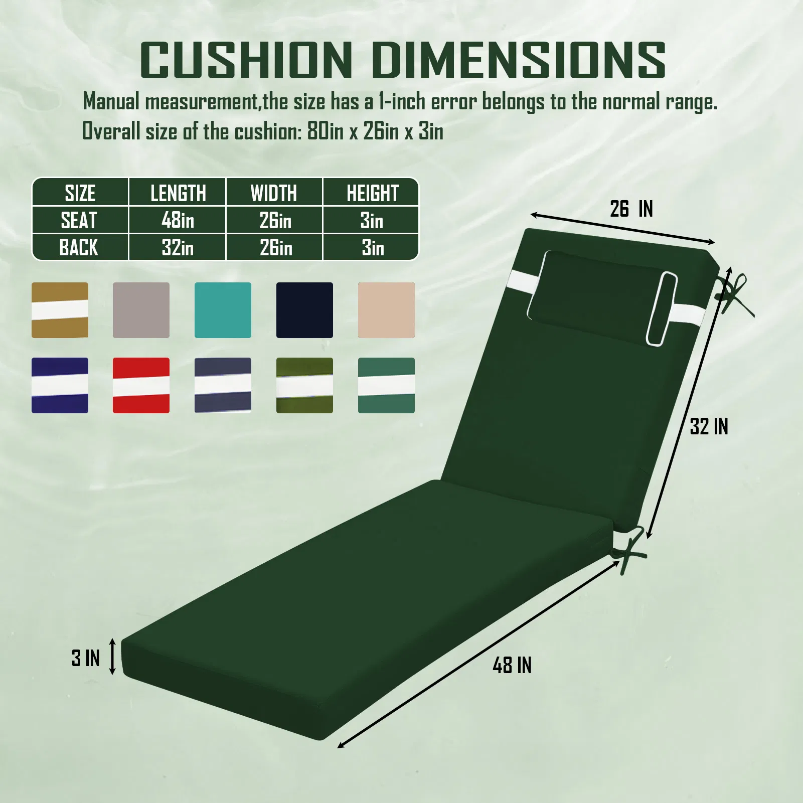 Outdoor Chaise Lounge Cushion, 80 in. x 26 in. x 3 in. Waterproof Fade-Resistant Patio Chair Pad for Pool Beach photo 6