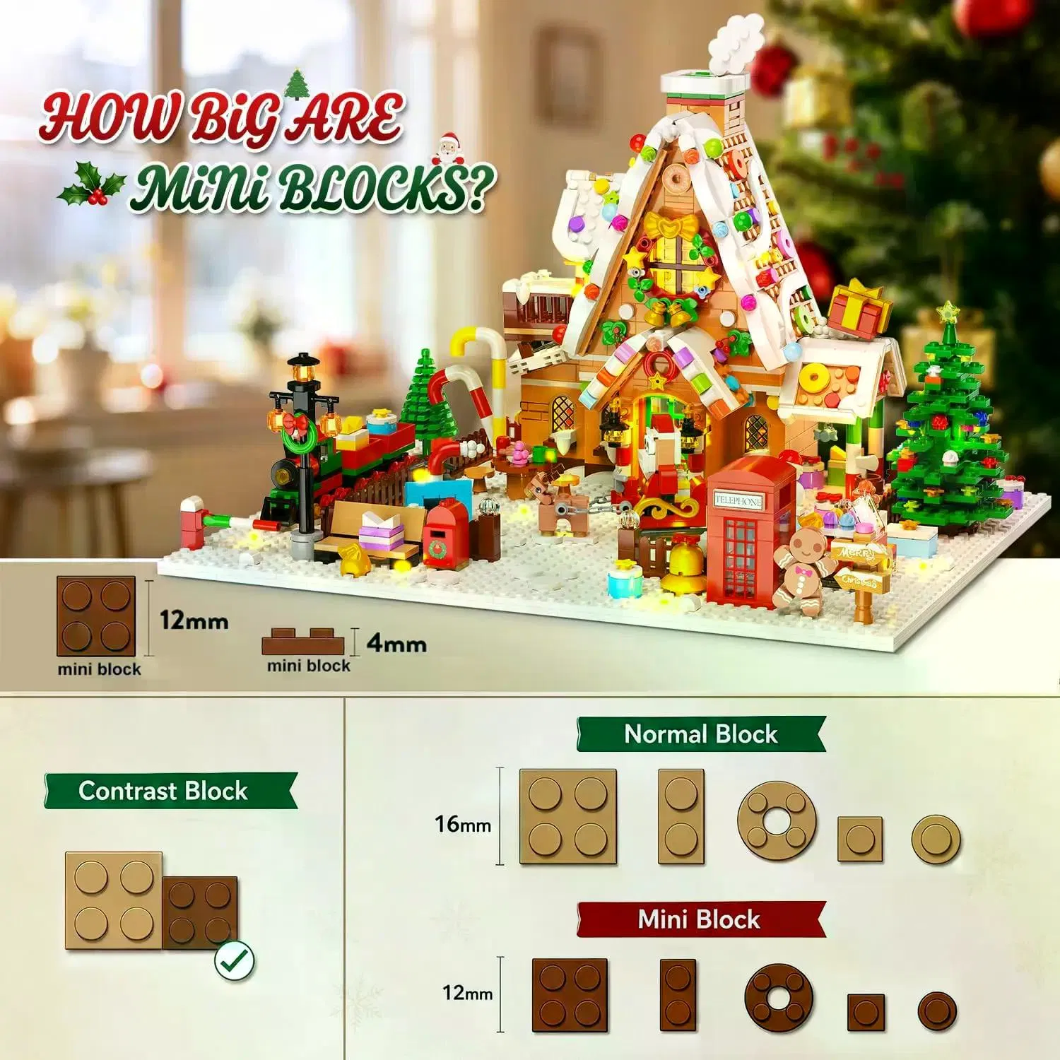 1642-Piece Mini Gingerbread House Advent Calendar, 3.6mm Building Block Christmas Countdown Set with Warm LED Lights, 24-Day Holiday Village Gift photo 2