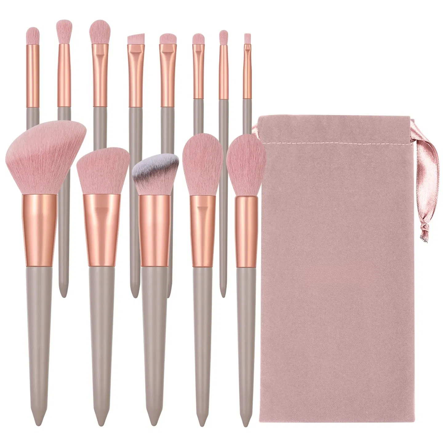 13-piece pink makeup brush set, complete for face and eye application, soft bristles for smooth powder pickup, comes with a velvet storage pouch photo 1