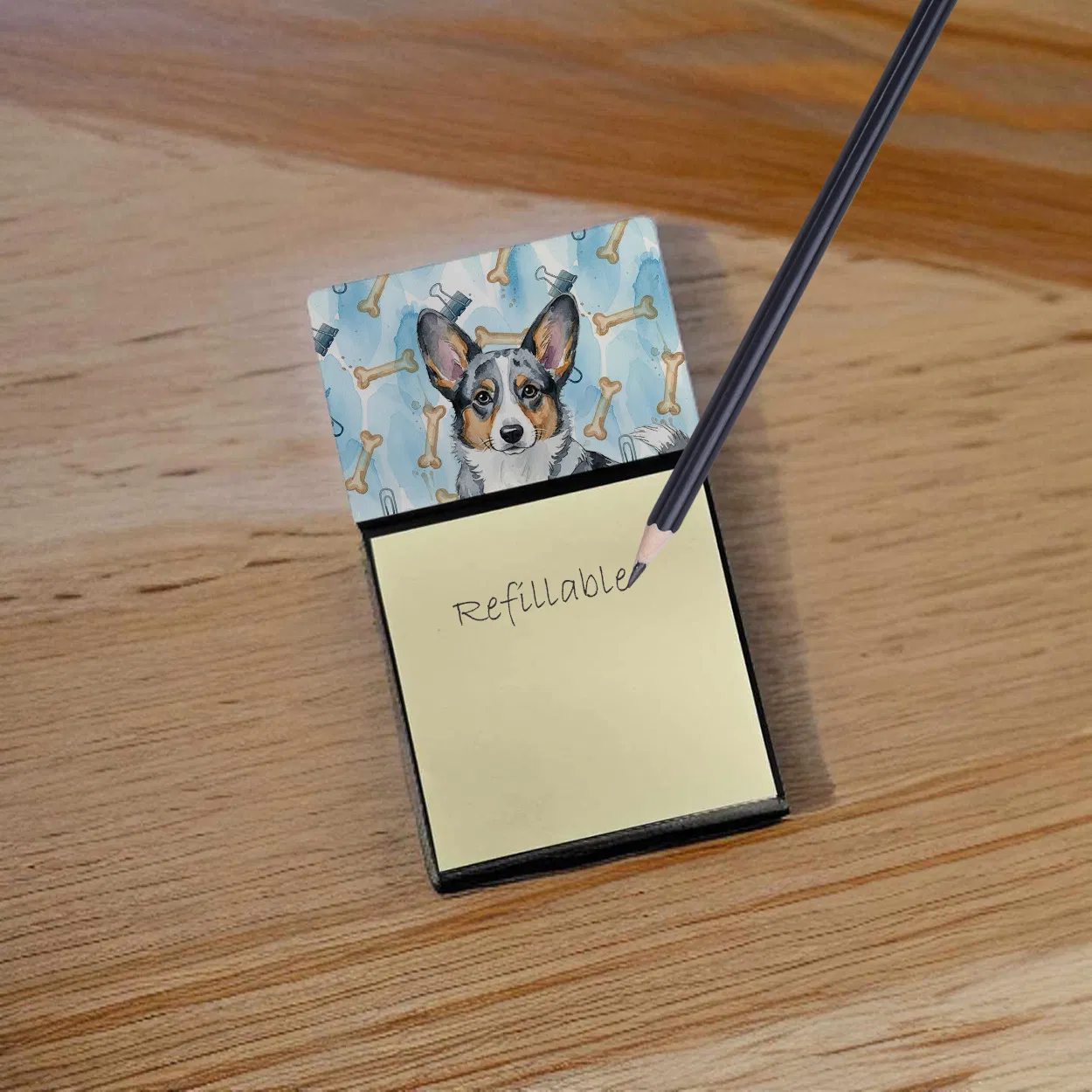 Blue Merle Cardigan Welsh Corgi Coworker Watercolor Sticky Note Holder Refillable Dispenser Desk Accessory 3x3 Pad Gift photo 5
