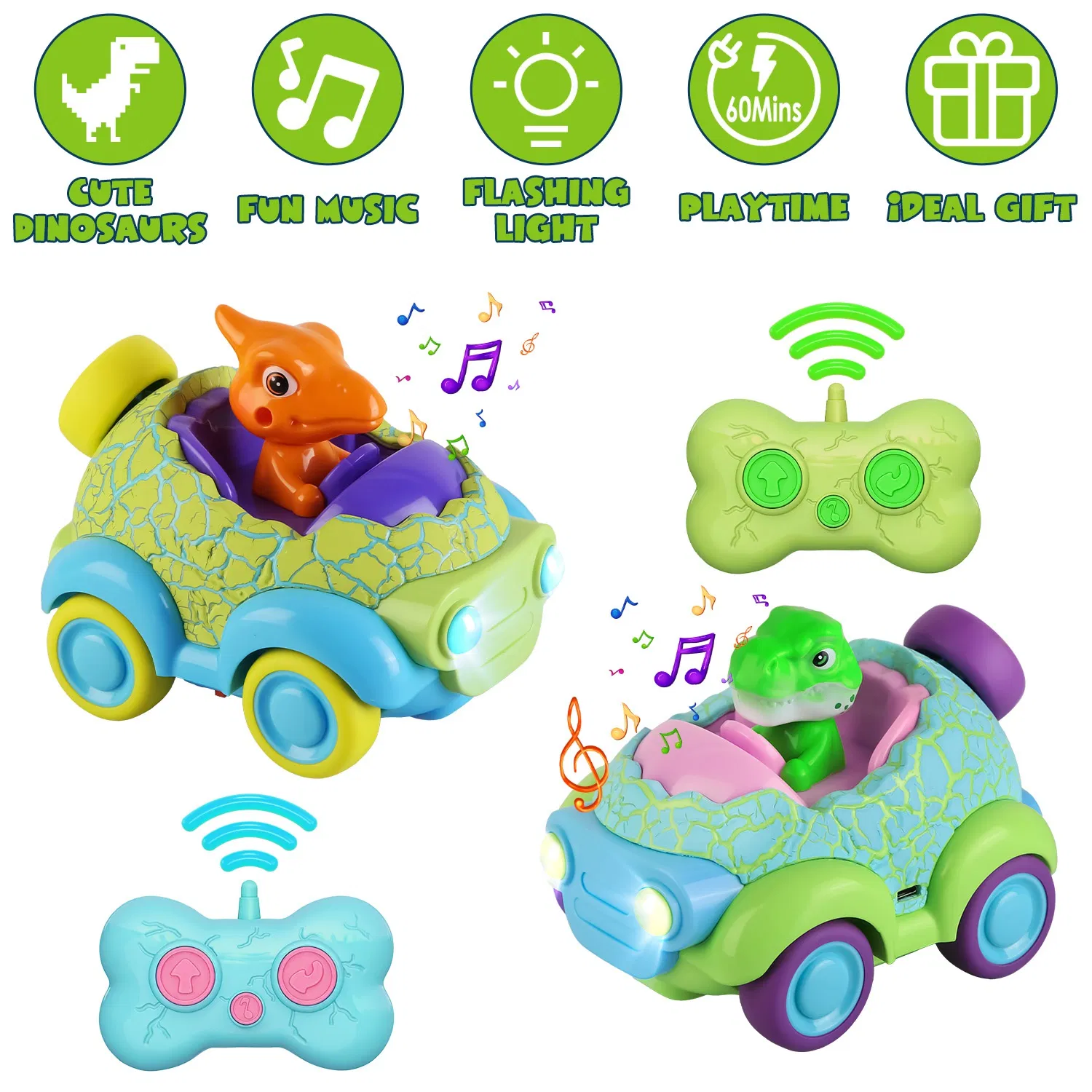 2Pack Dinosaur Remote Control Cars for Toddlers Rechargeable RC Cars with Light Music Birthday Gift For Boys Girls Aged 3 4 5 6 Years Old photo 1