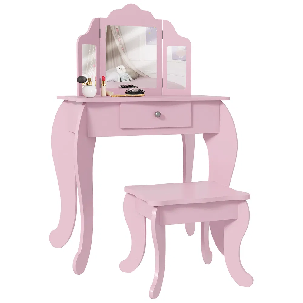Kids Vanity Table and Stool, Makeup Vanity Girls Dressing Table Set with Tri-folding Mirrors Drawer Star and Heart Pattern, Pink photo 2