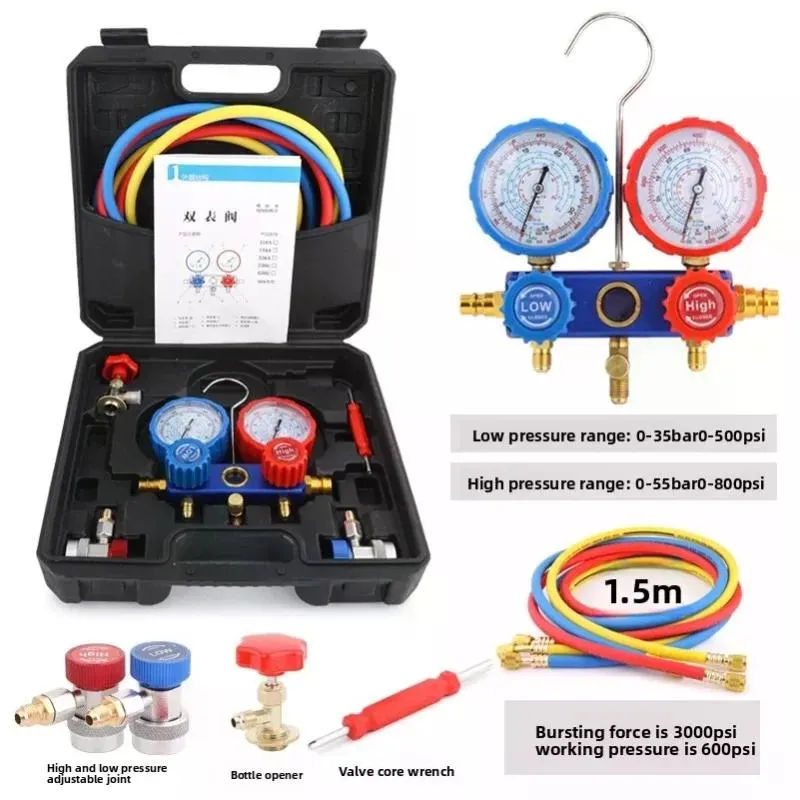 R134/R22/R404A/R407C Dual Manifold Gauge Set – AC Refrigerant Diagnostic Recharge Kit with Hoses, Adjustable Adapters, Can Tap, Valve Core Tool, for Car Air Conditioning photo 7