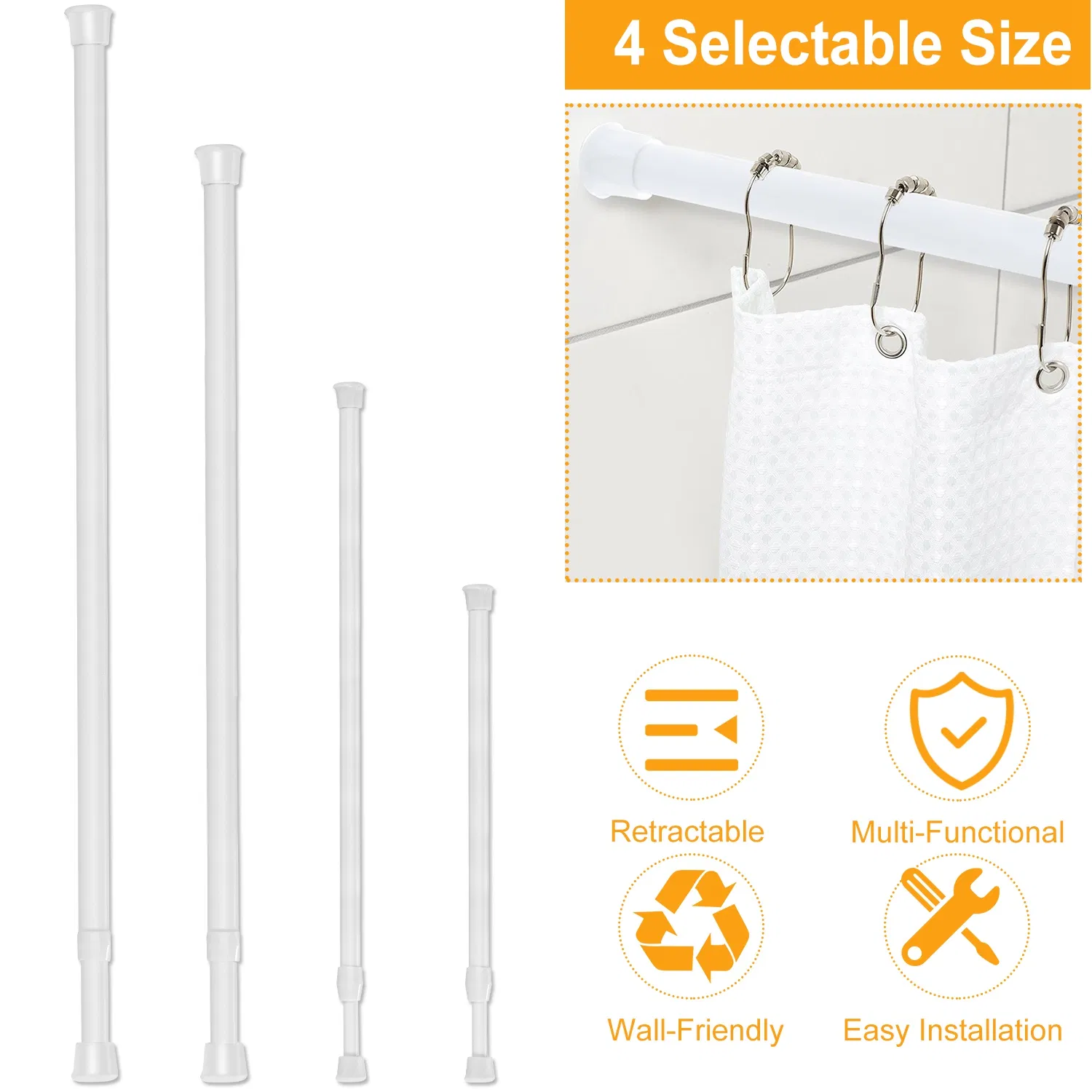 Tension Curtain Rod Spring Load Adjustable Curtain Pole Heavy-Duty Steel 4 Sizes for Bathroom Wardrobe Kitchen Balcony 50cm photo 1