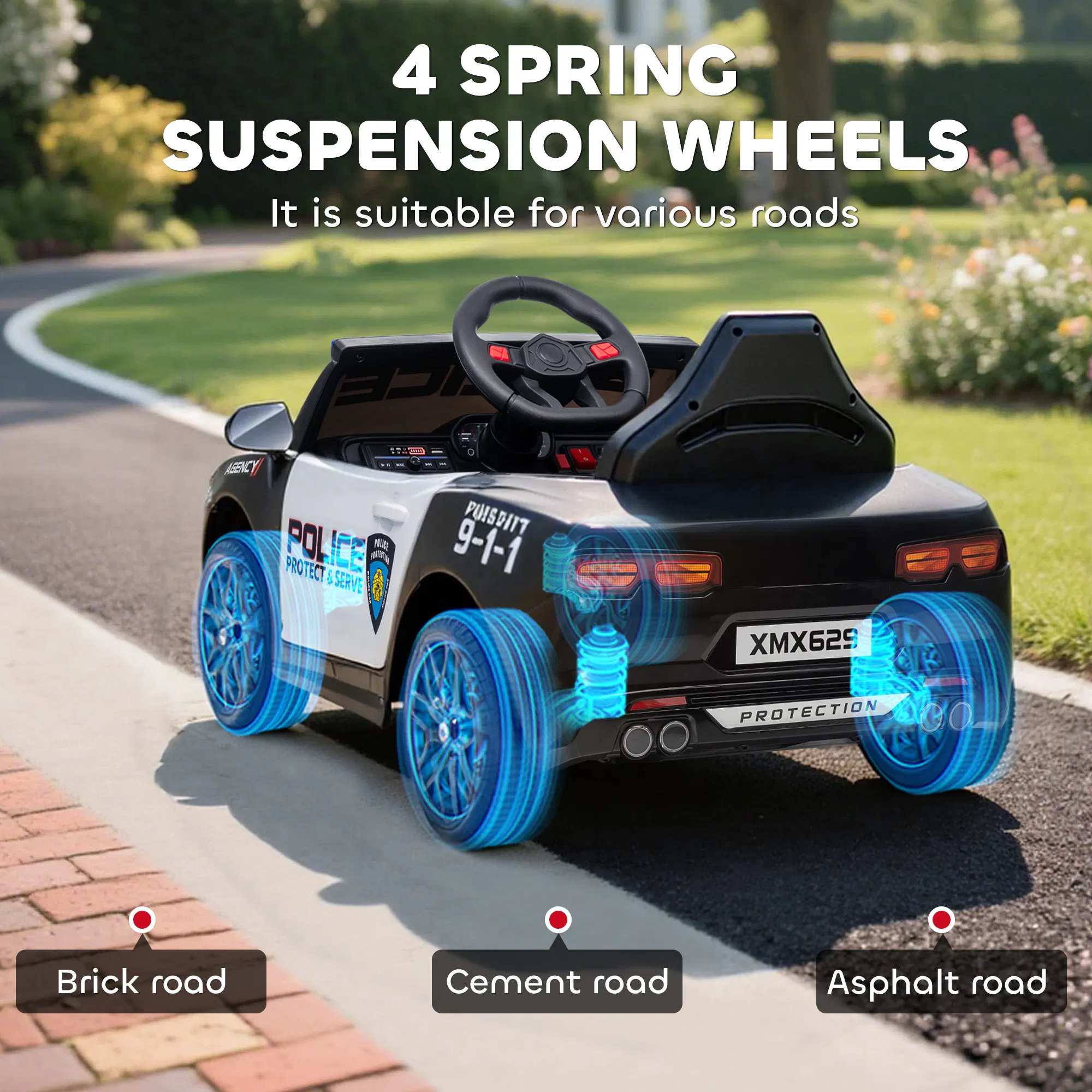 Kids Electric Ride on Police Car with Remote Control, Sirens, Flashing Lights, Music, Horn, Shock Absorbers, White photo 5